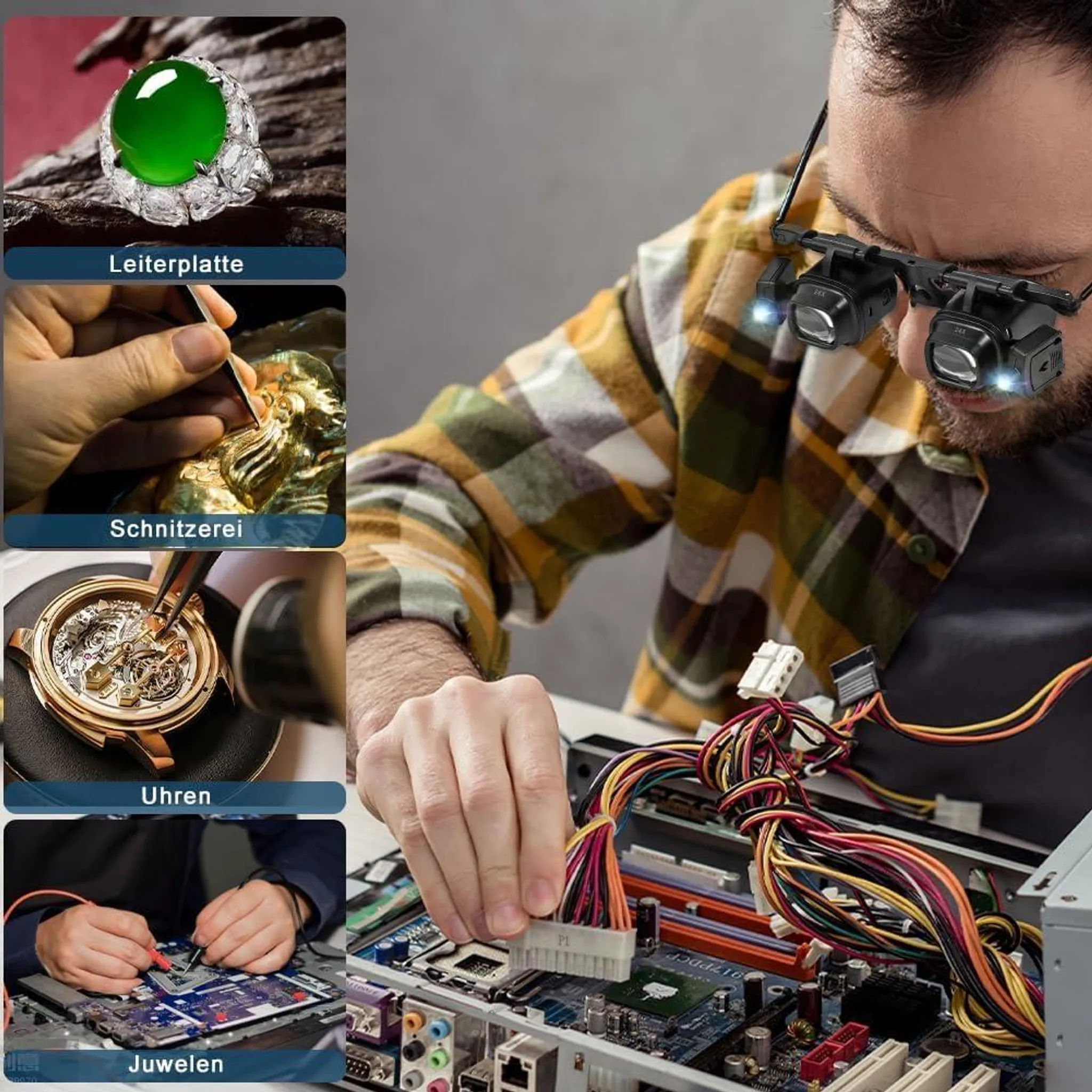 Mann mit Lupe und LED-Licht an Brille arbeitet an Computerplatine.