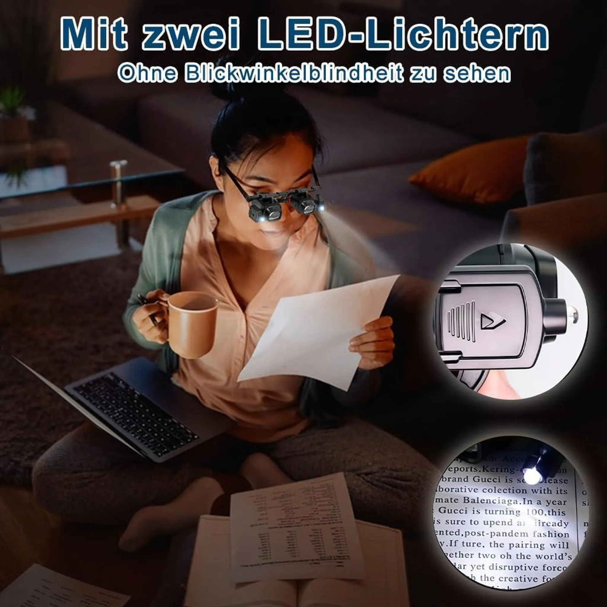 Frau mit Lupenbrille liest Dokumente am Laptop, trinkt Kaffee.
