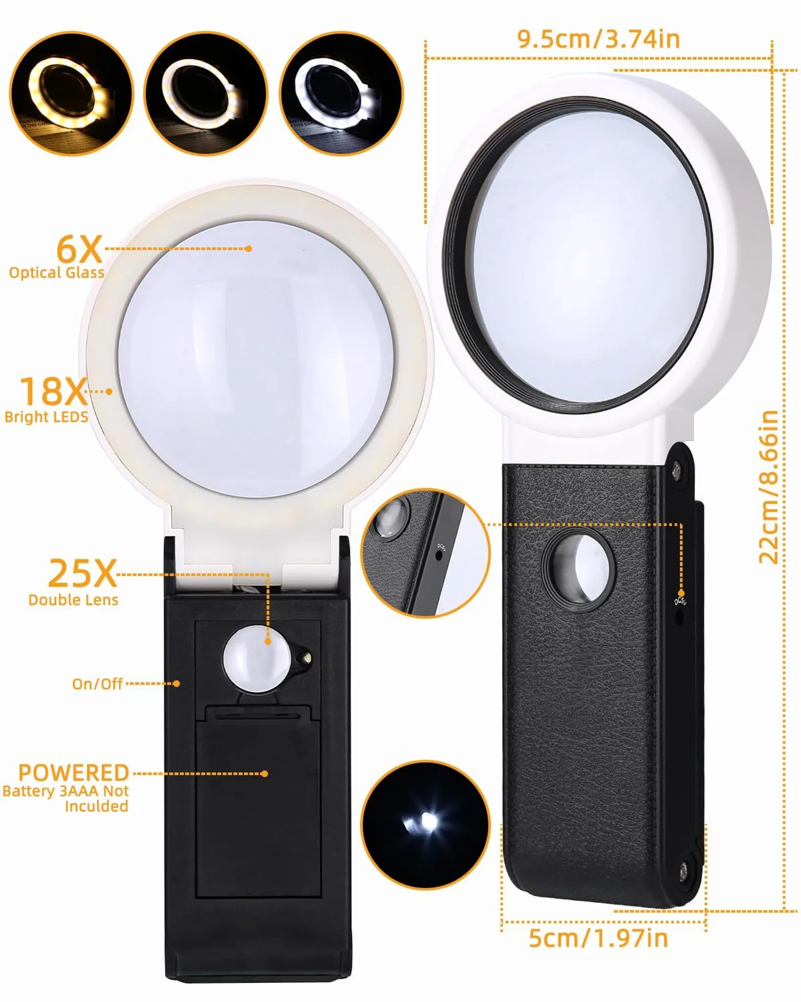 Vergrößerungsglas mit LED-Beleuchtung, Maße angegeben. Schwarz und Weiß.