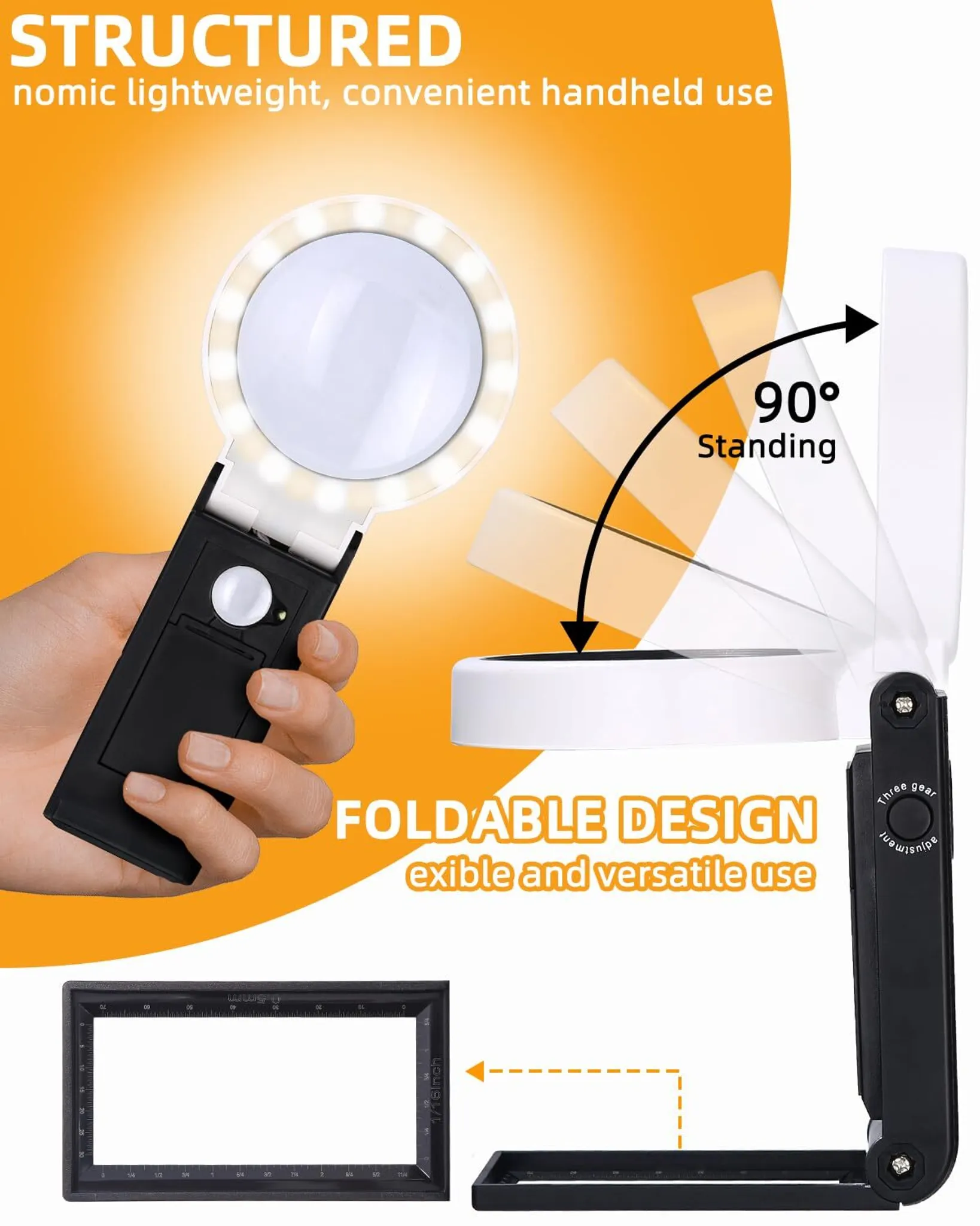 Eine schwarze, faltbare Lupe mit LED-Leuchten wird in der Hand gehalten. Ein Linealrahmen ist abgebildet.