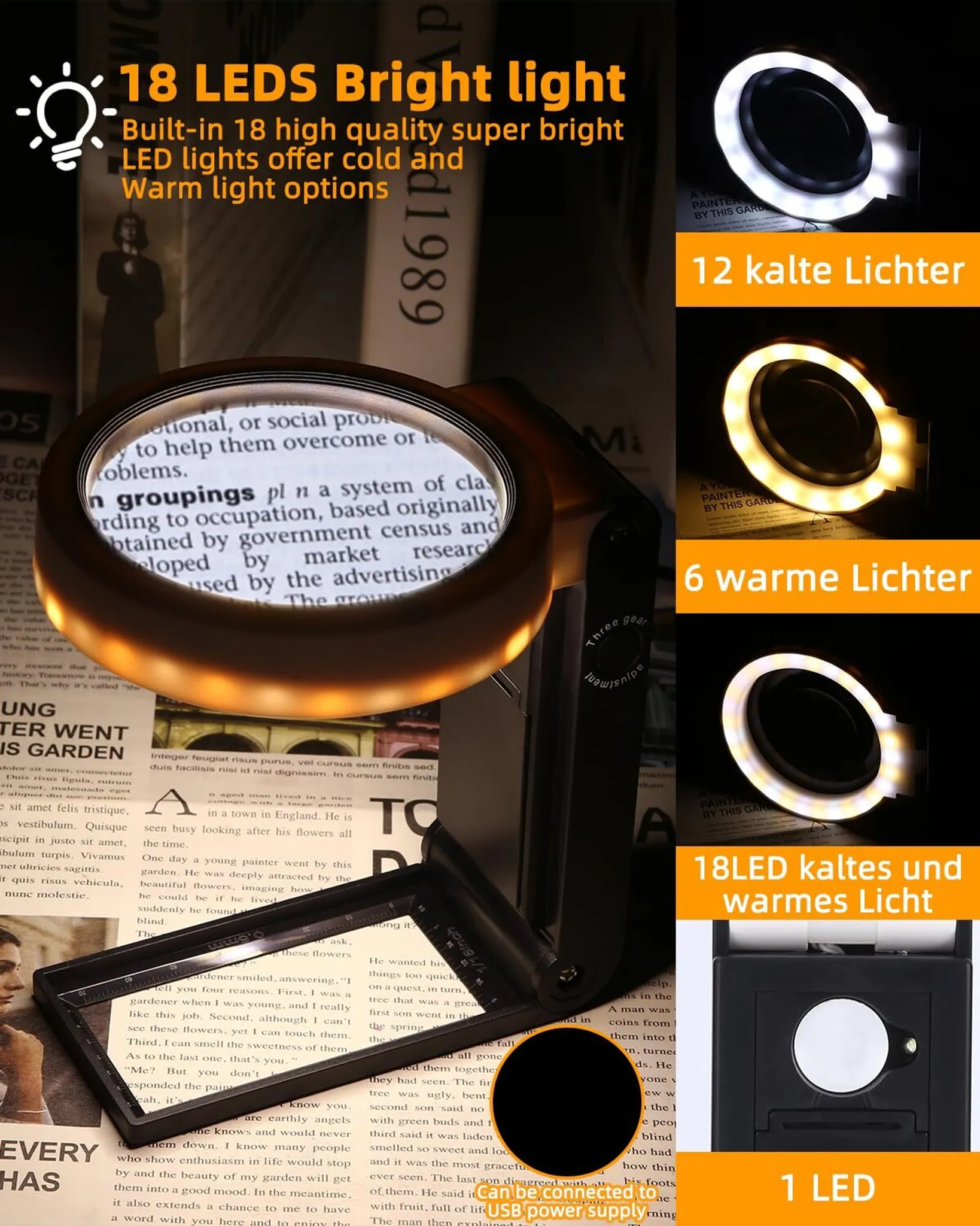 Lupe mit LED-Licht: 18 LEDs, kaltes und warmes Licht, USB-Stromversorgung.