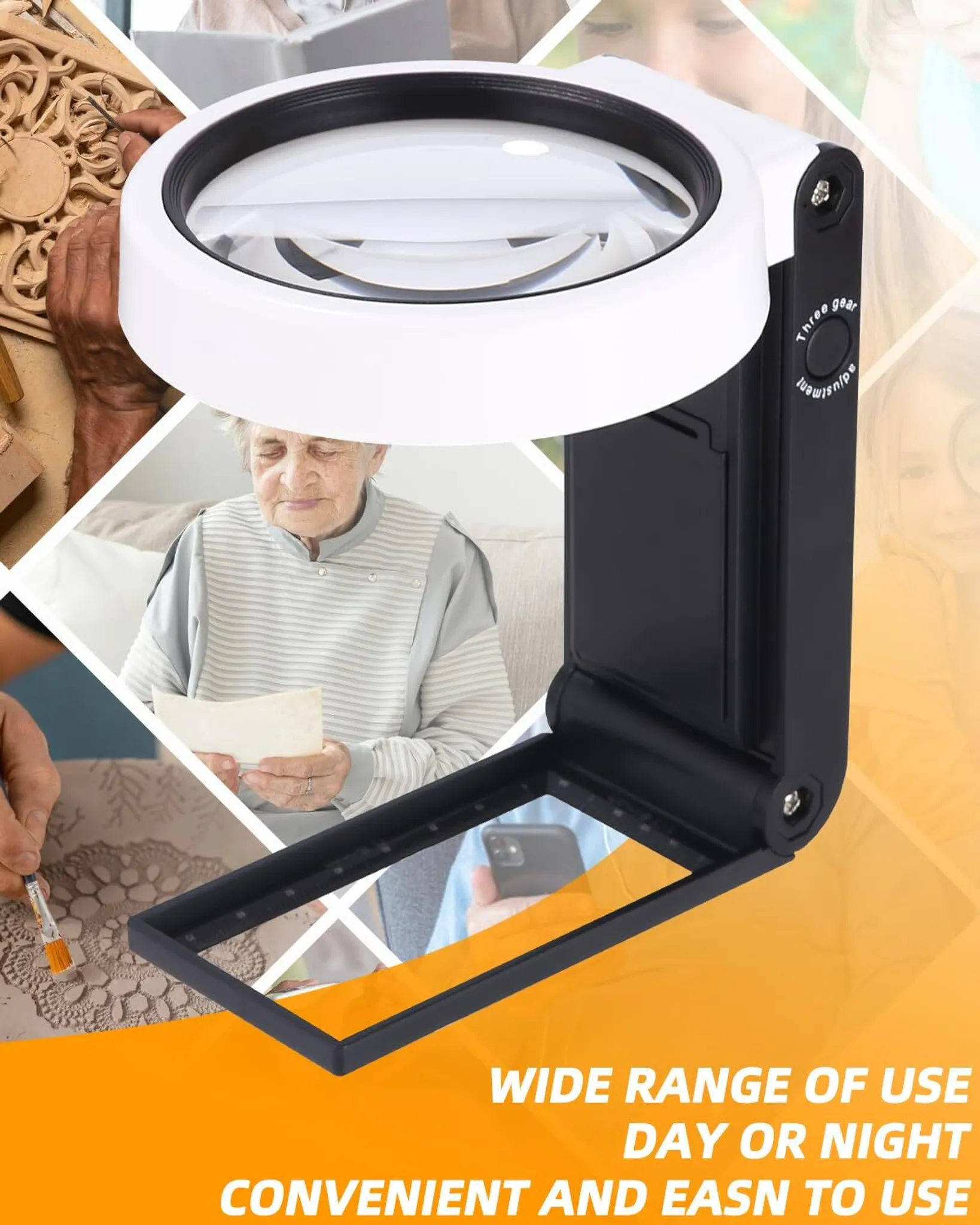 Eine Lupe mit LED-Licht wird gezeigt, die für verschiedene Aufgaben verwendet wird.