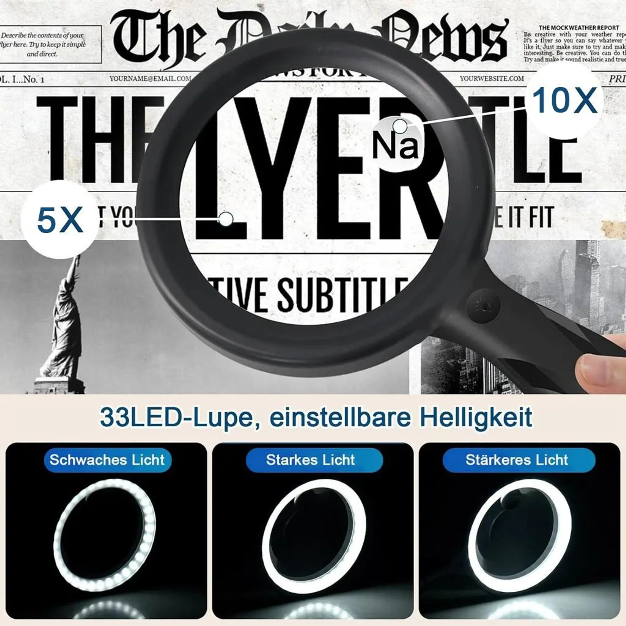 Lupe über Zeitung mit Lupe, die Statue von Freiheitsabbildung zeigt.
