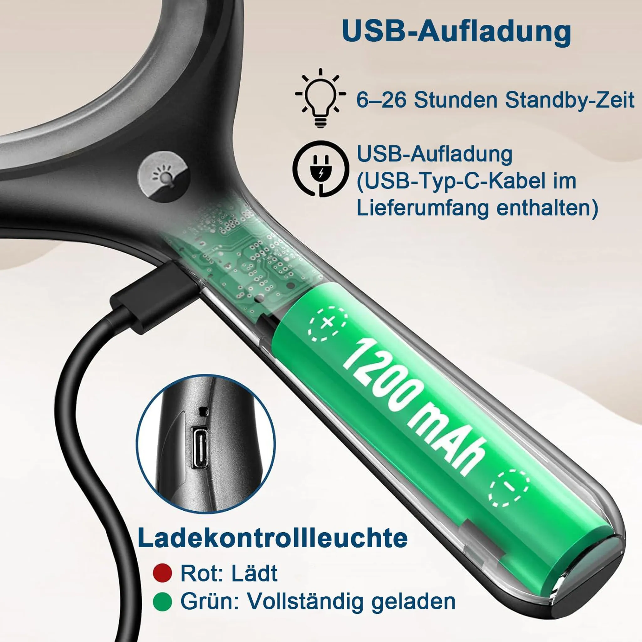 Nahaufnahme eines USB-C-Ladegeräts mit 1200mAh Akku und Ladeanzeige.