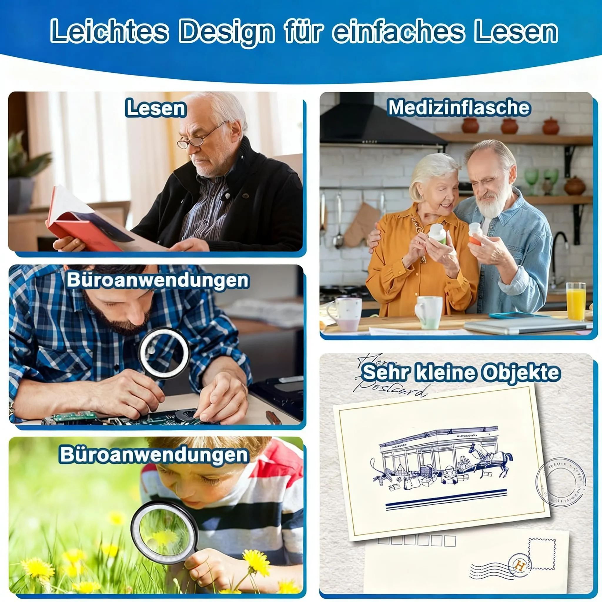 Illustrationen zeigen Personen beim Lesen, mit Medikamenten, bei der Arbeit und im Freien.