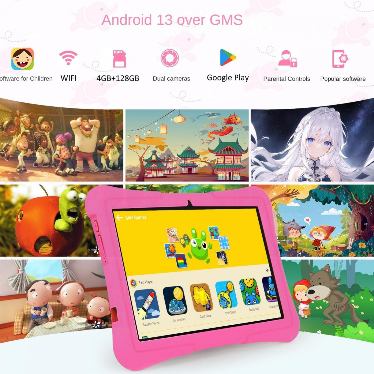 Ein pinkes Tablet zeigt Spiele an, umgeben von verschiedenen Zeichentrick- und Märchenszenen.