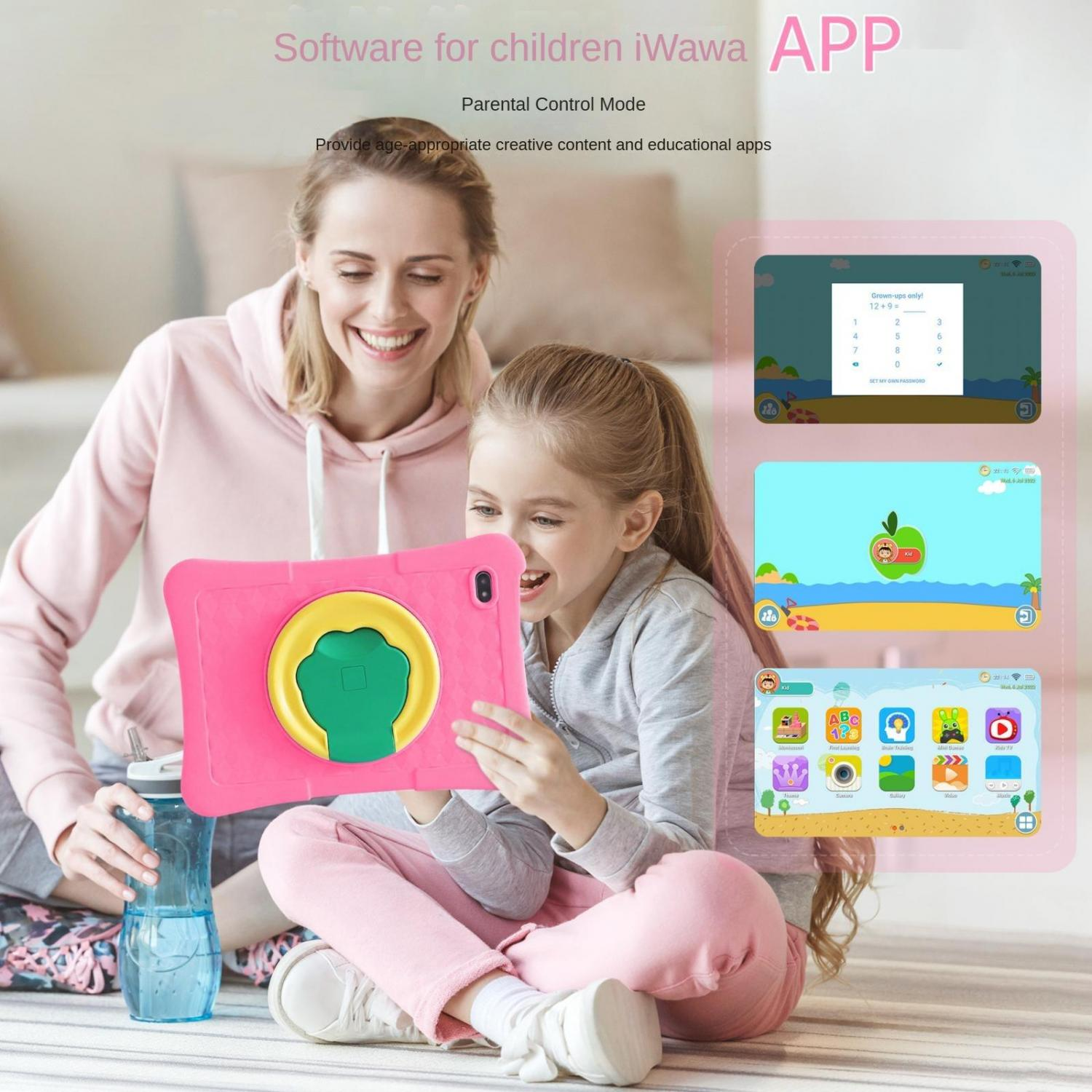 Mutter und Kind benutzen ein rosa Tablet mit bunten App-Symbolen und Spielen.