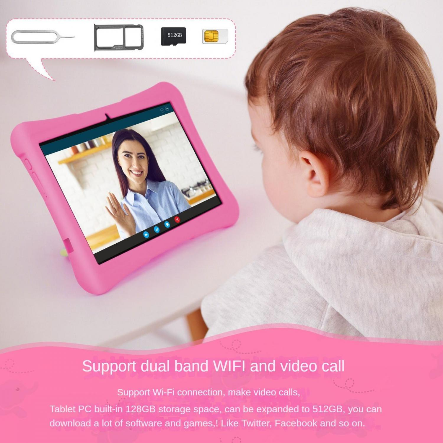 Ein Kind schaut auf ein rosa Tablet, das eine Frau bei einem Videoanruf zeigt.