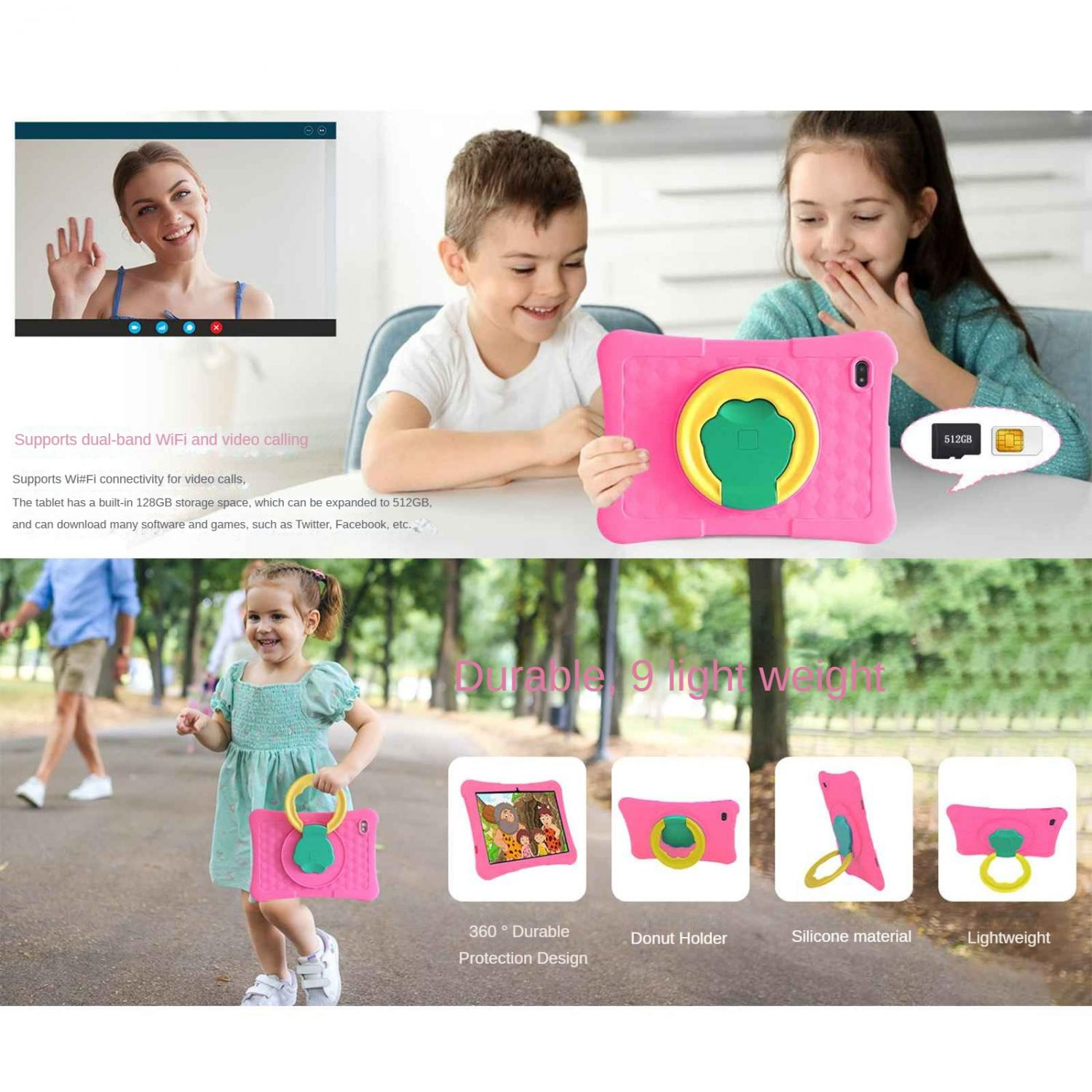 Kinder mit einem rosa Tablet, das Funktionen wie Dual-Band-WLAN und 512 GB Speicher anzeigt.