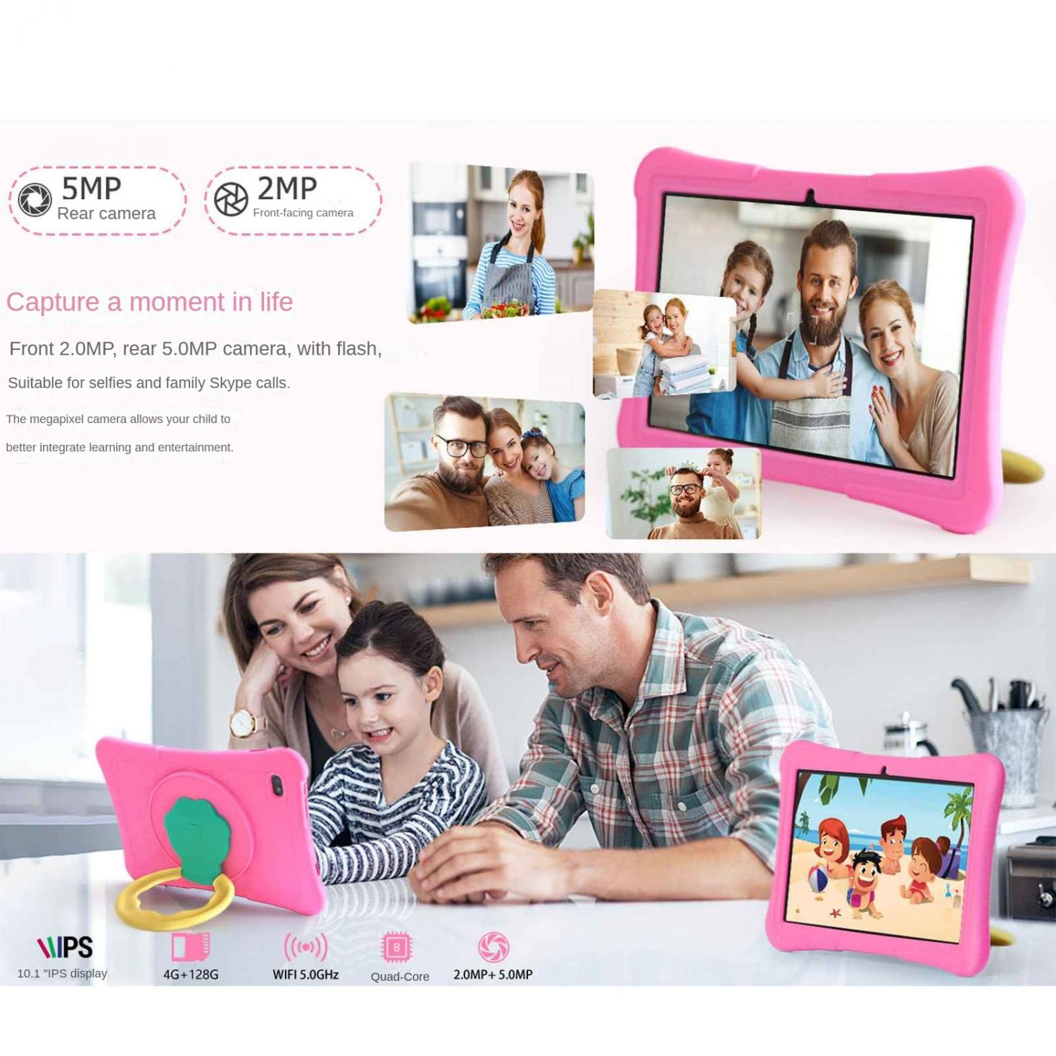 Rosa Tablet zeigt Familienfotos. Unten zeigt Familie die Nutzung des Tablets.