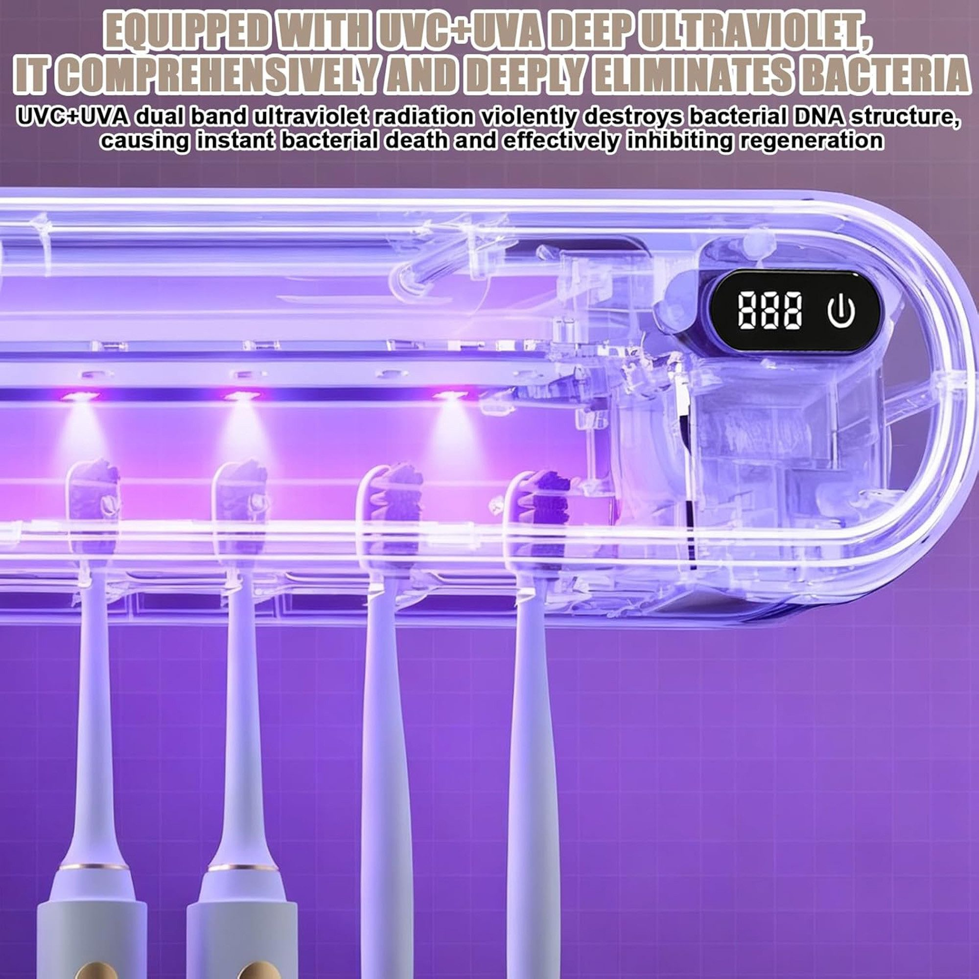 Elektrische Zahnbürstenhalterung mit UV-Licht und digitaler Anzeige.
