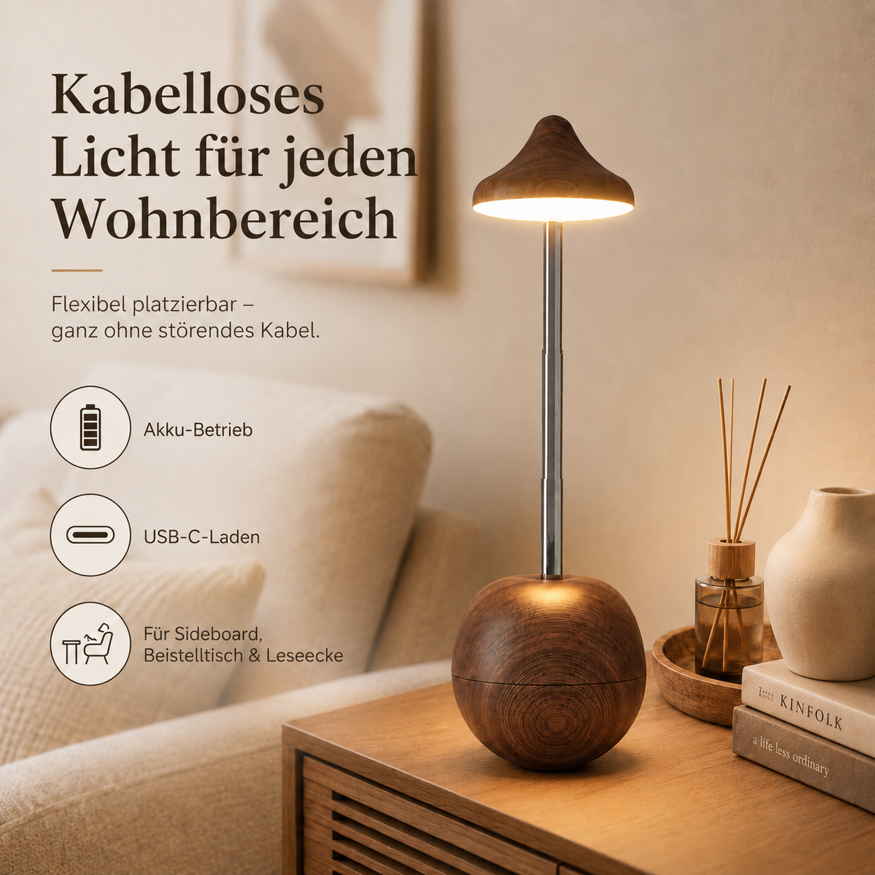 Eine kabellose Lampe mit Holzsockel steht auf einem Nachttisch neben Büchern.