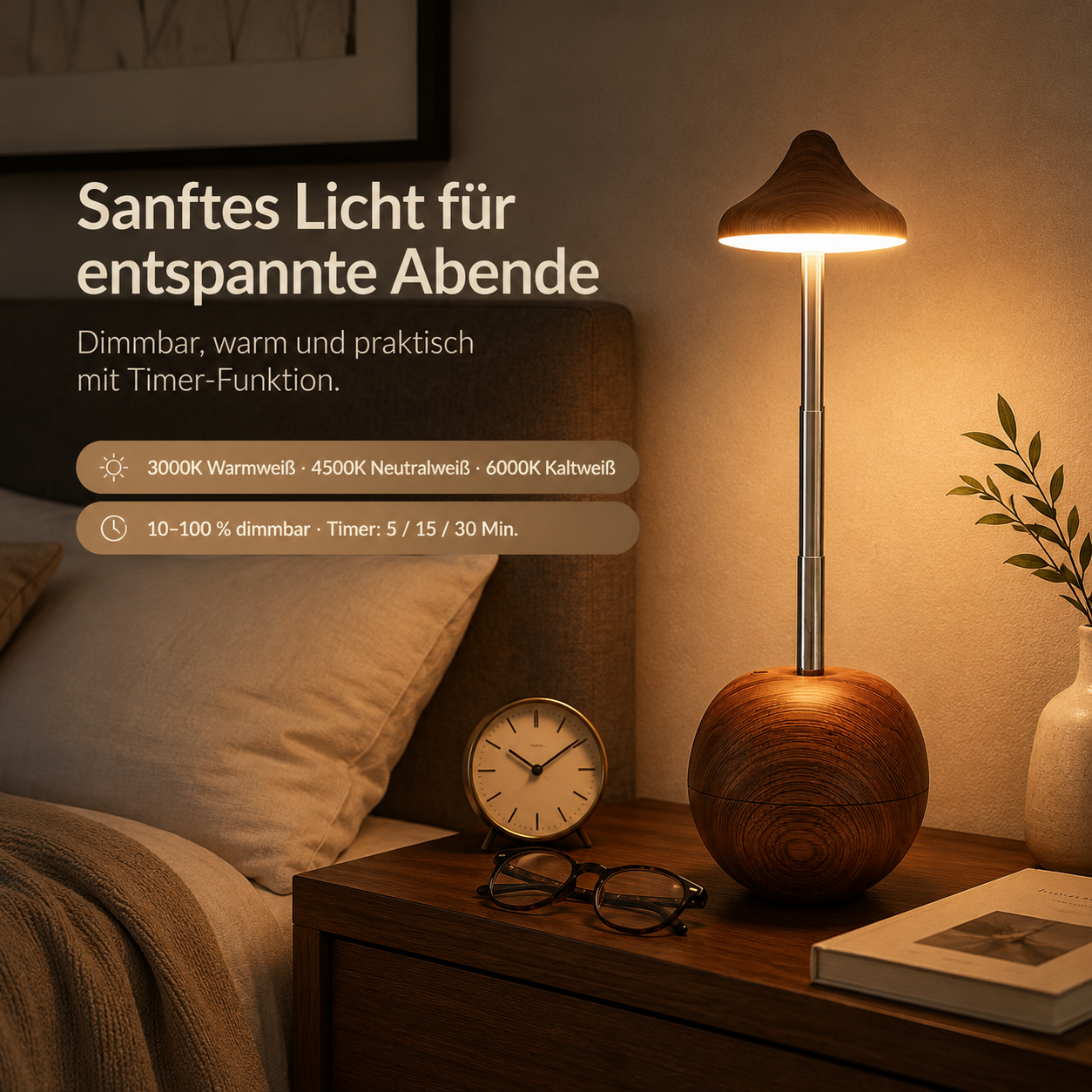 Holz-Tischlampe mit dimmbarem Licht und Timer neben einem Bett.