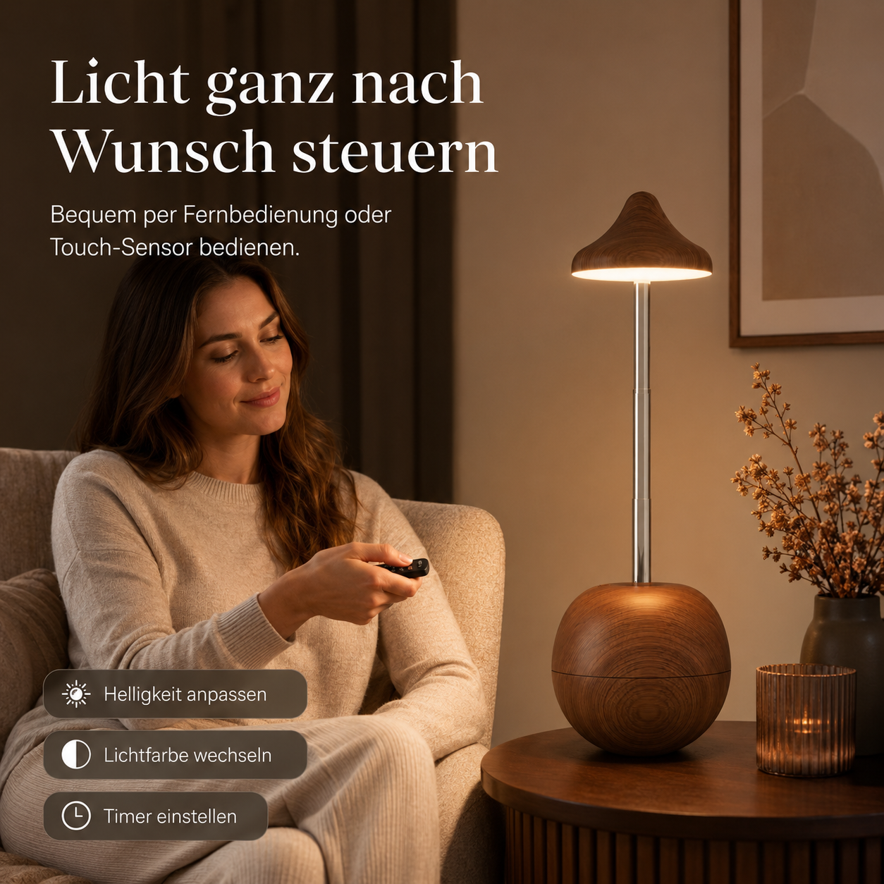 Frau im Sessel bedient Lampe mit Fernbedienung. Helligkeit, Lichtfarbe, Timer einstellbar.