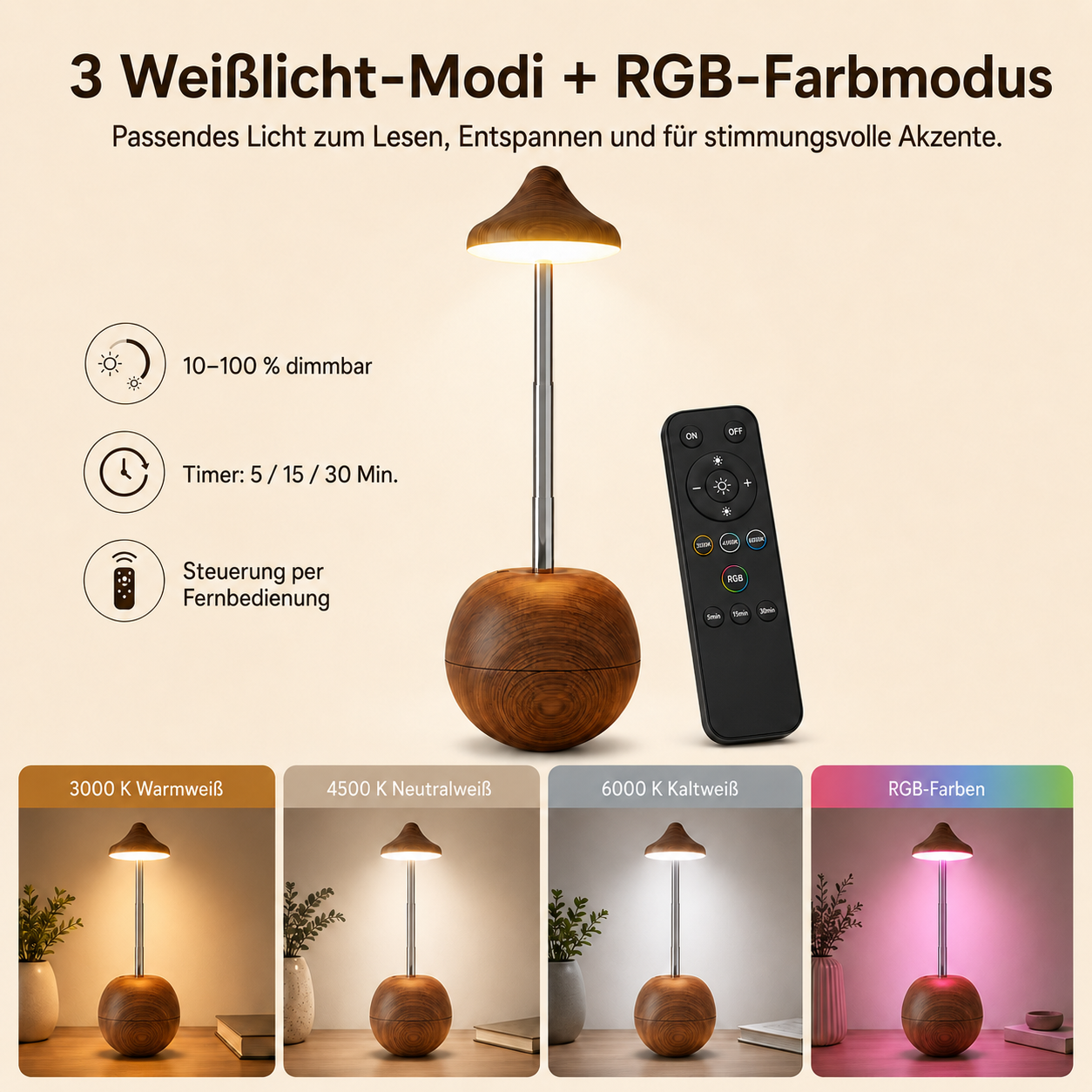 Lampe mit Holzfuß, Fernbedienung und 4 Beleuchtungsmodi: Warmweiß, Neutralweiß, Kaltweiß und RGB.