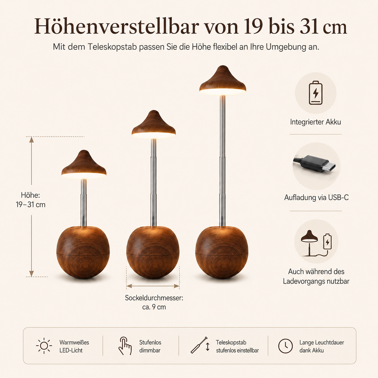 Drei höhenverstellbare Lampen mit Holzsockel und USB-C-Aufladung.
