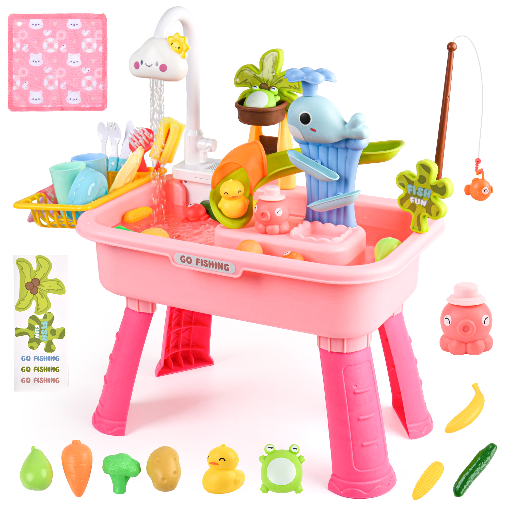 Ein rosa Spielküchen-Set mit Wasserhahn, Geschirr, Wal und mehr.