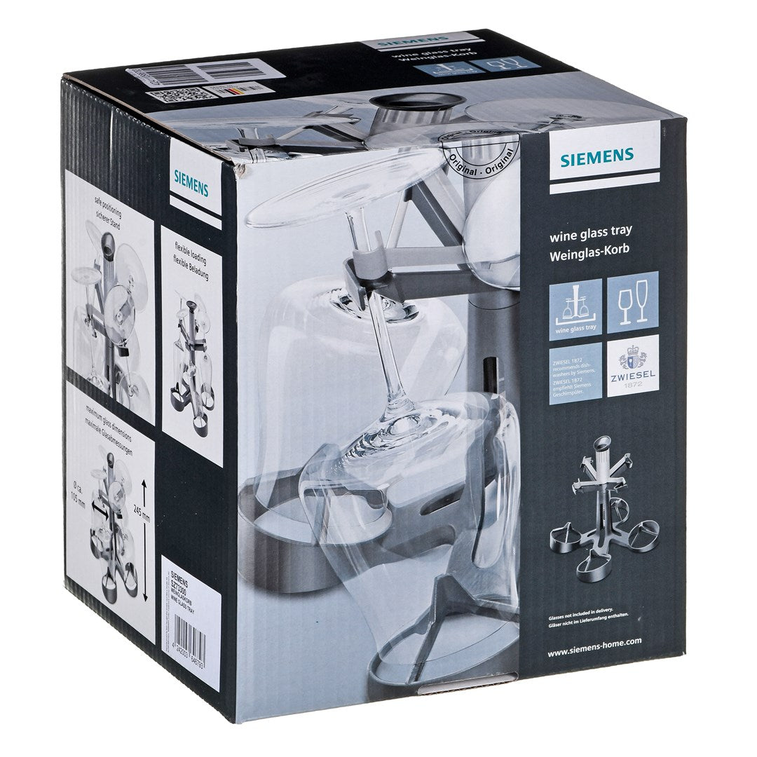 Verpackung eines Siemens Weinglashalters mit Abbildungen des Produkts.