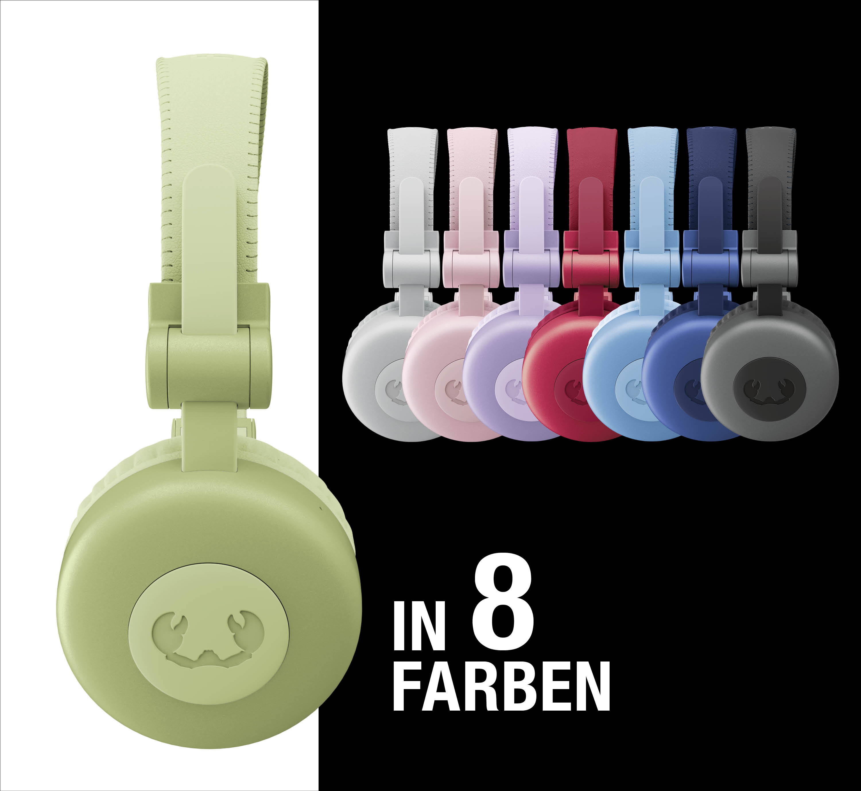 Ein hellgrüner Kopfhörer links, daneben 7 farbige Kopfhörerreihe. Text: In 8 Farben.