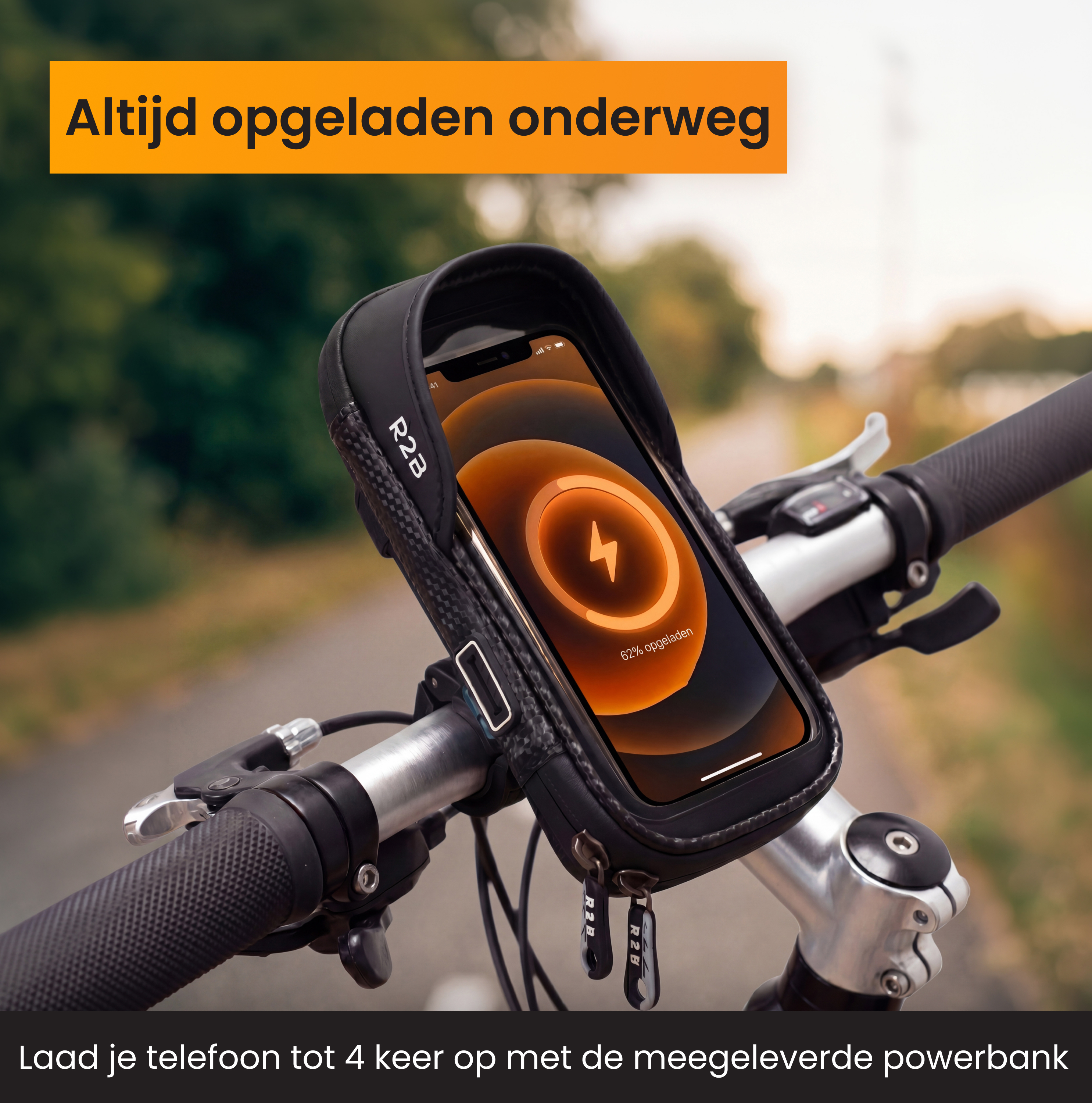 Een smartphone in een fietsmount toont het oplaadscherm.