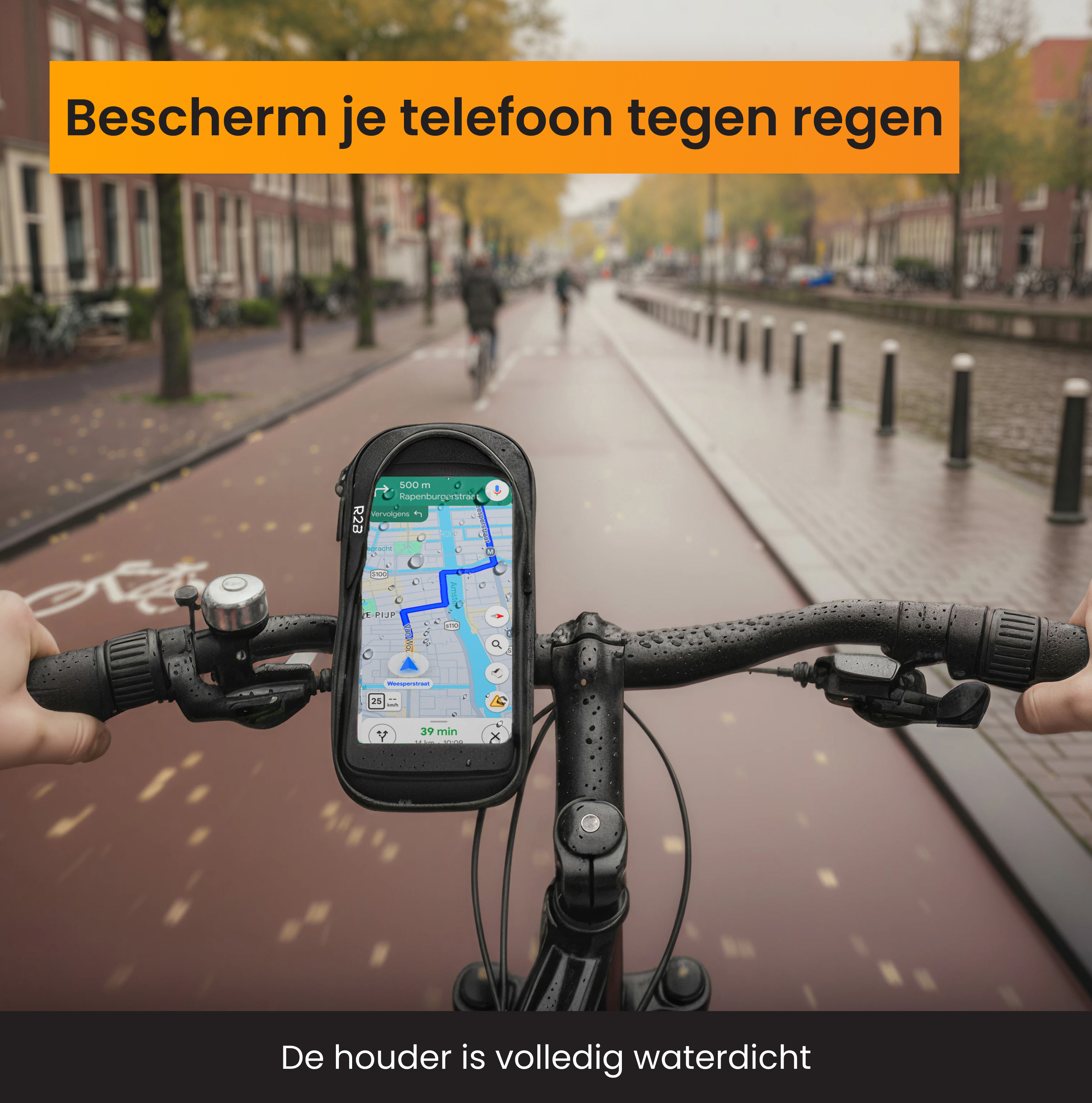 Fietsstuur met waterdichte telefoonhouder, navigatie-app wordt getoond.