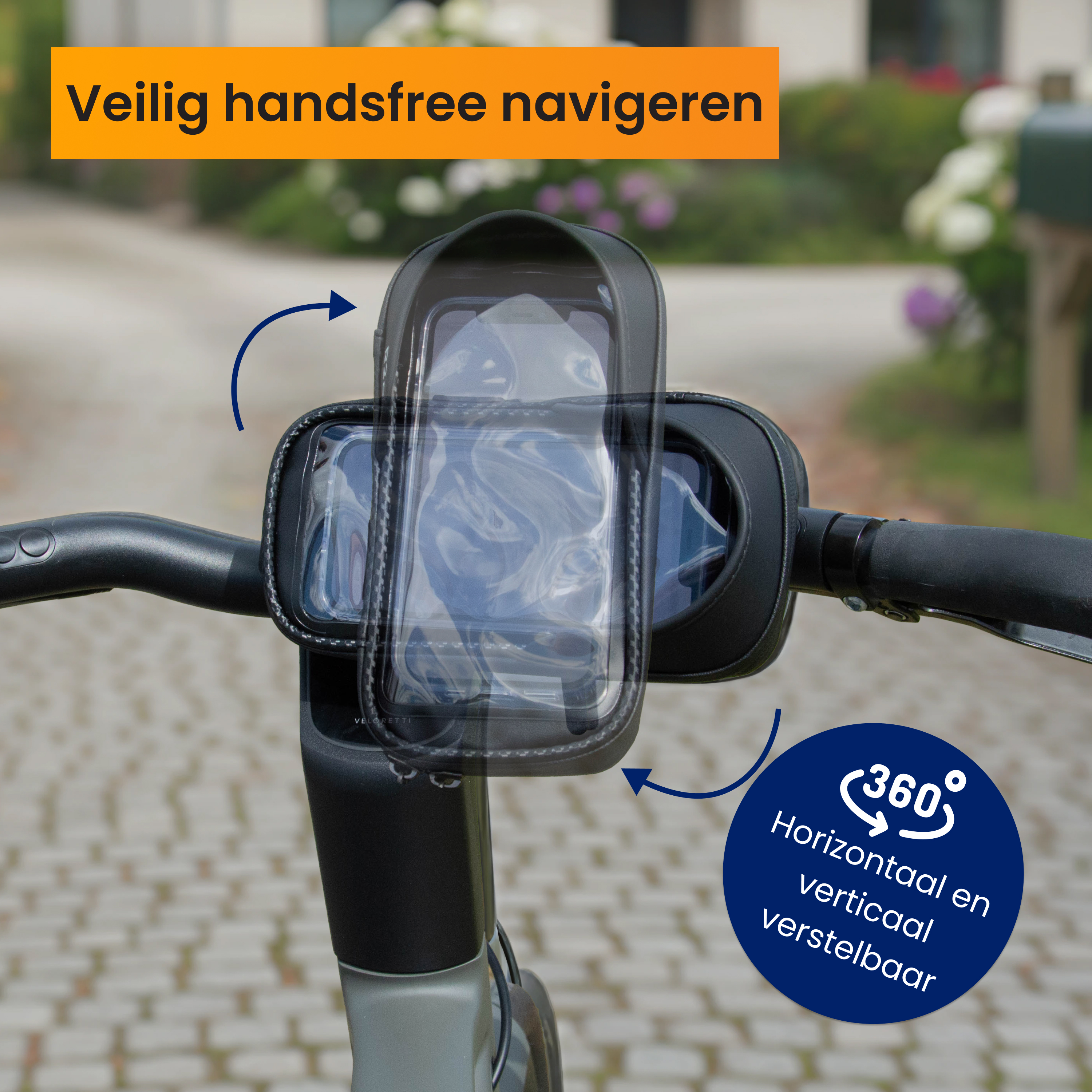 Fiets telefoonhouder met 360 graden rotatie.