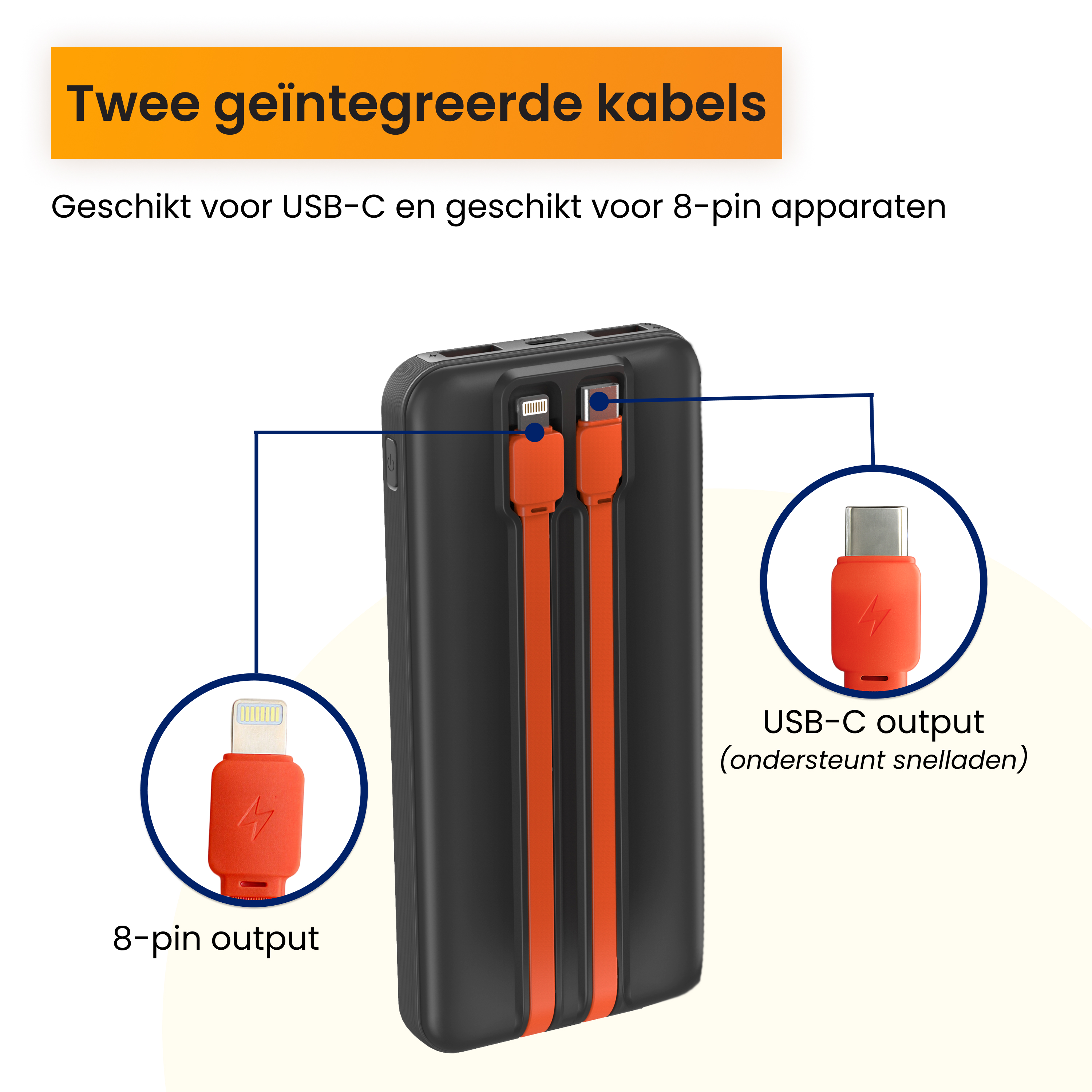 Zwarte powerbank met twee geïntegreerde oranje kabels: 8-pins en USB-C.