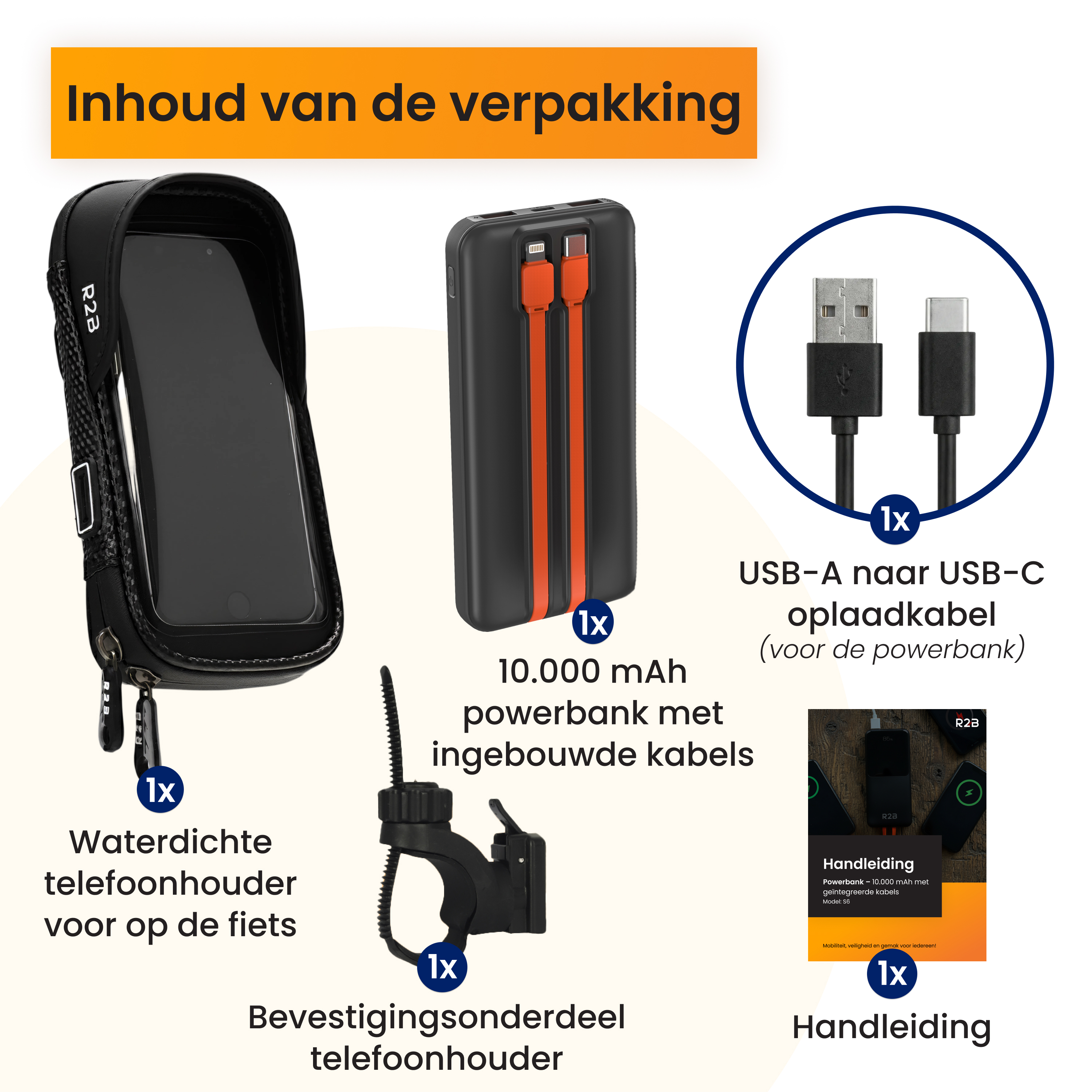 Packungsinhalt: Fahrradhandyhalterung, Powerbank, USB-C Kabel, Halterung, Anleitung.
