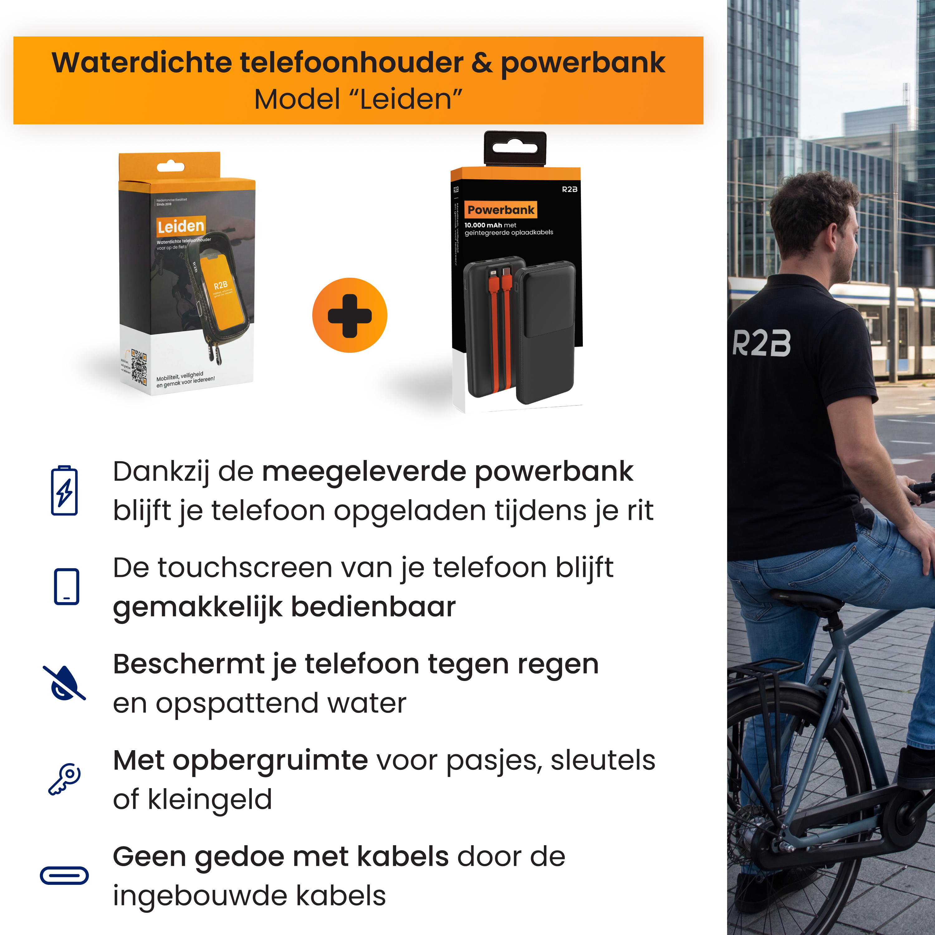 Wasserdichte Handyhalterung & Powerbank, Modell 'Leiden', mit Funktionen.