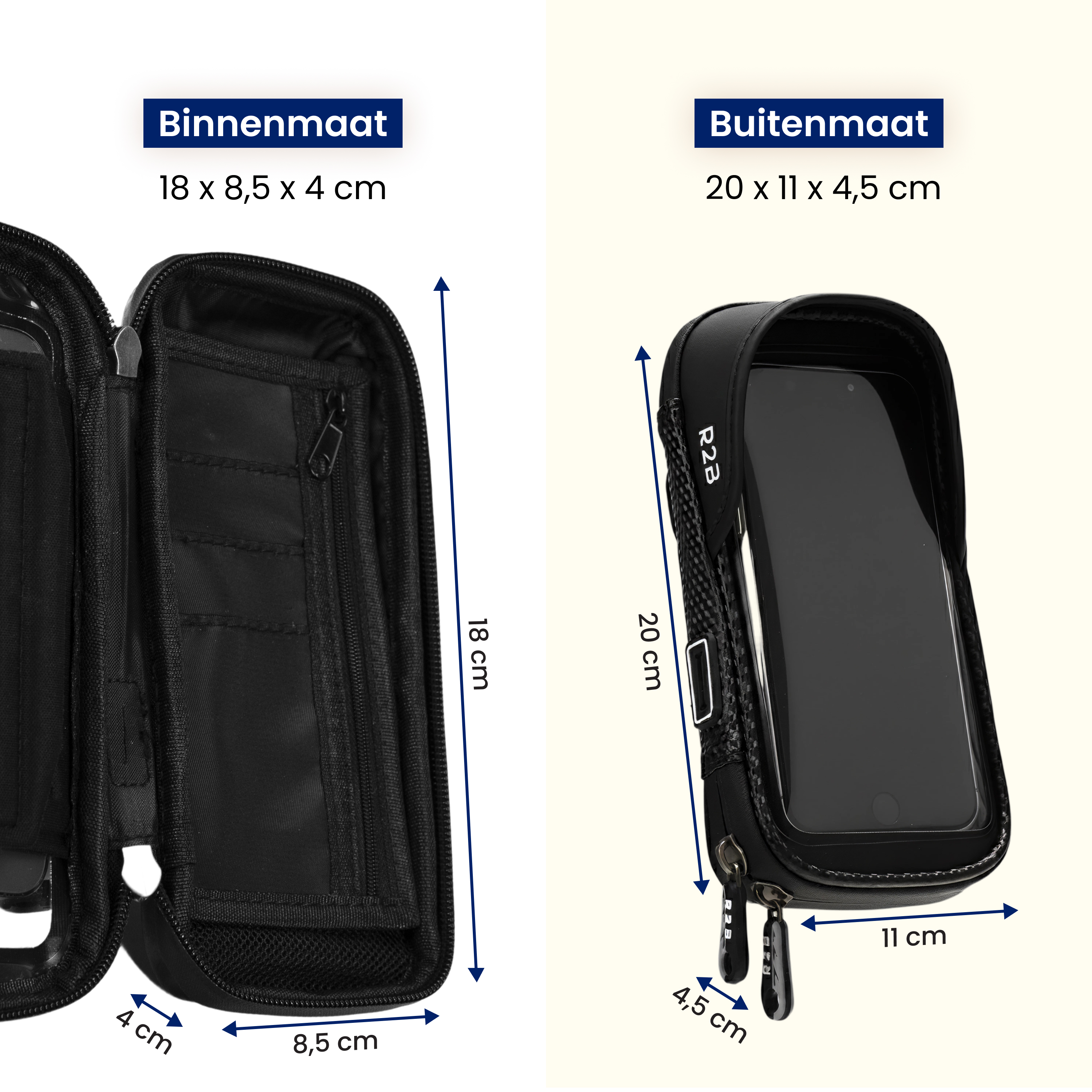 Twee zwarte telefoonhouders met afmetingen: binnen 18x8,5x4 cm, buiten 20x11x4,5 cm.