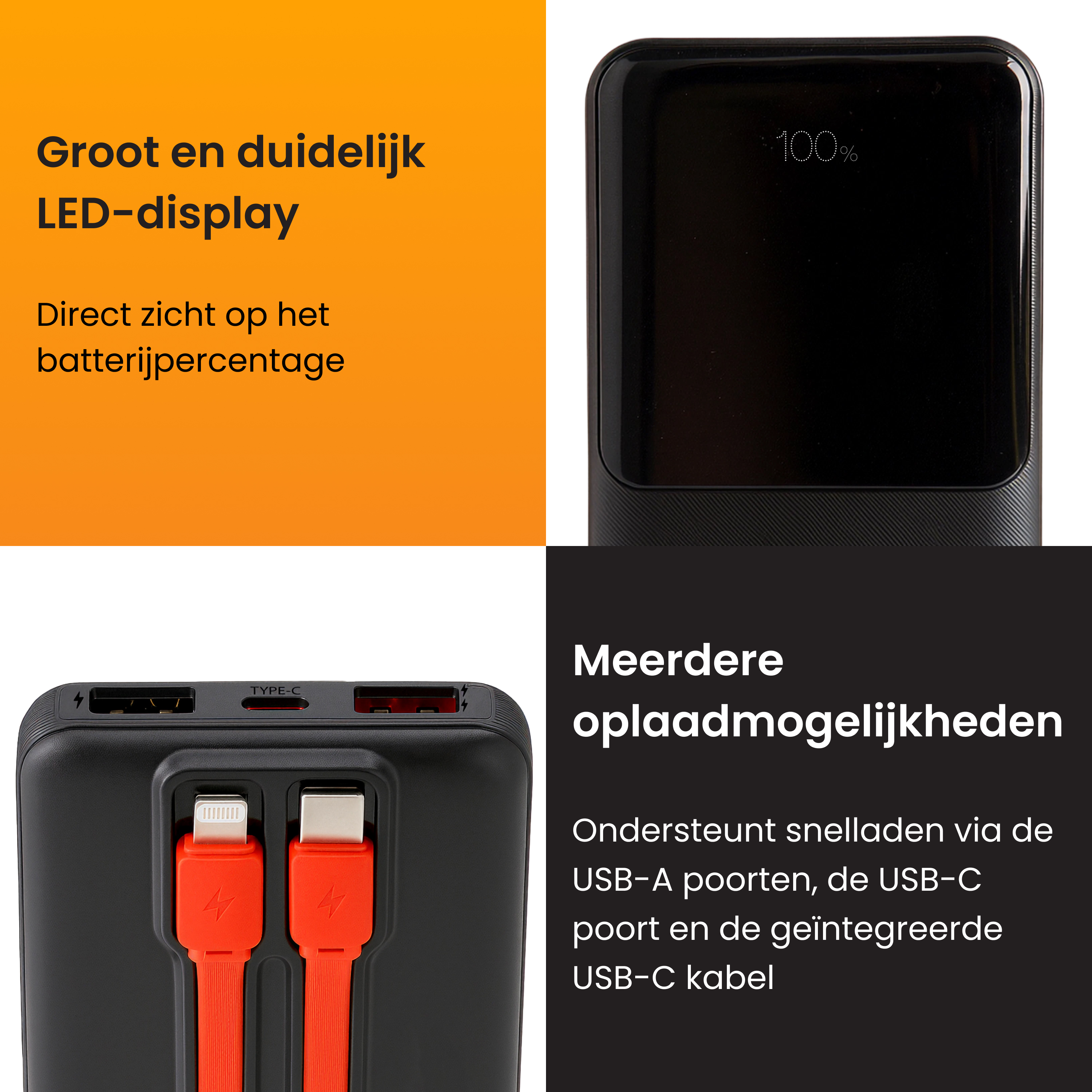 Zwarte powerbank met LED-display, twee oranje kabels en USB-poorten.