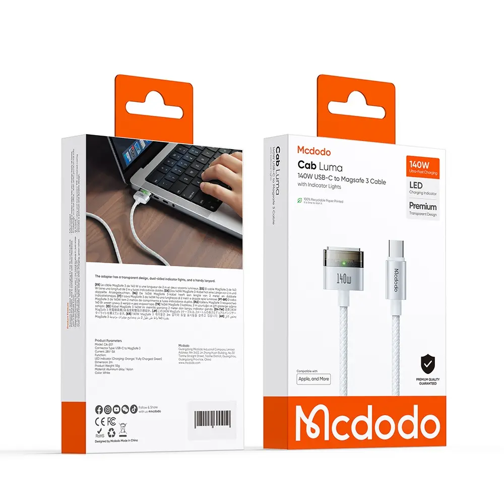 Mcdodo 140W USB-C - MagSafe 3 kablosu, beyaz, 2m, göstergeli.