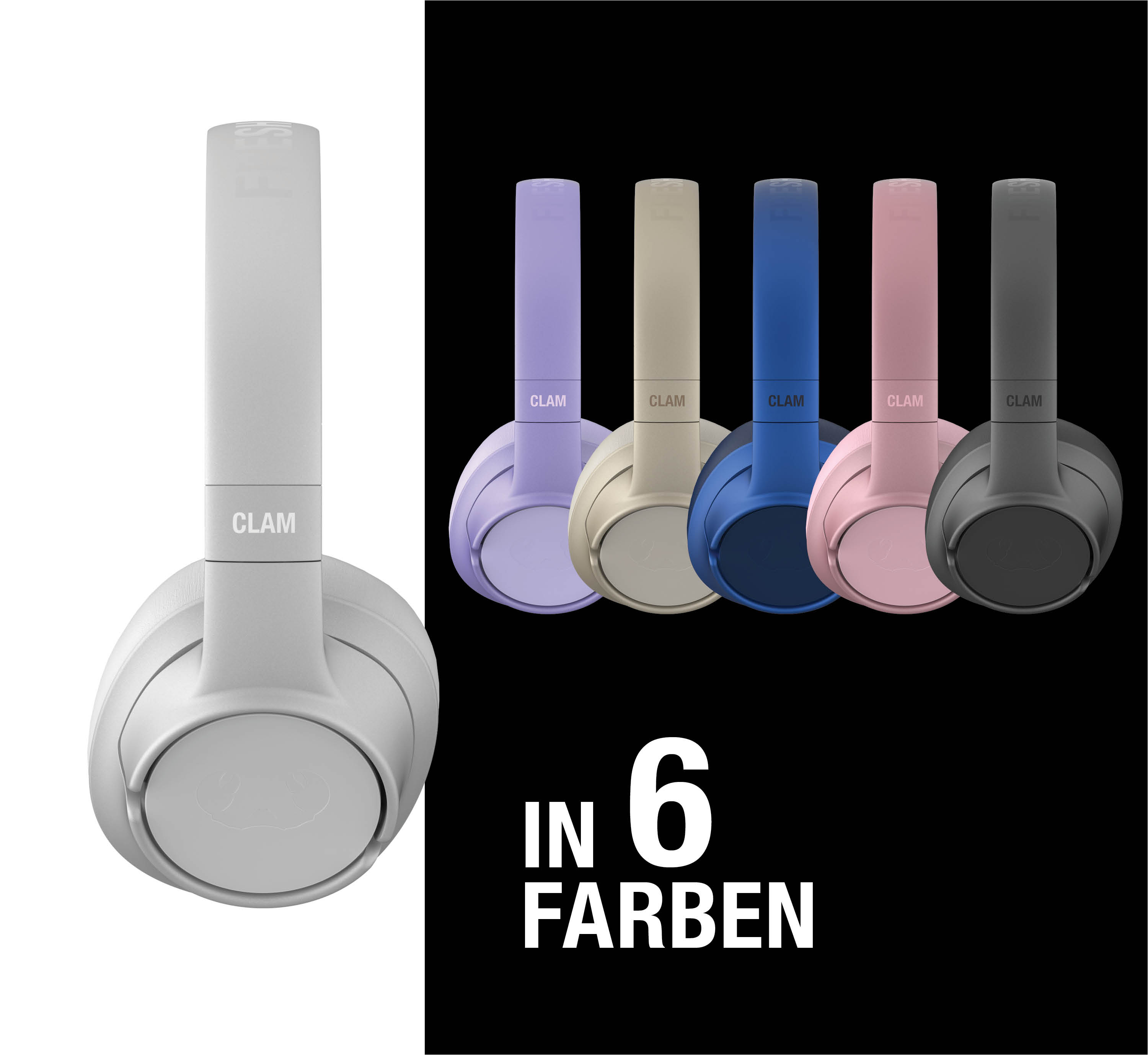 Kopfhörer in 6 Farben: Lila, Beige, Blau, Rosa, Grau und Weiß.