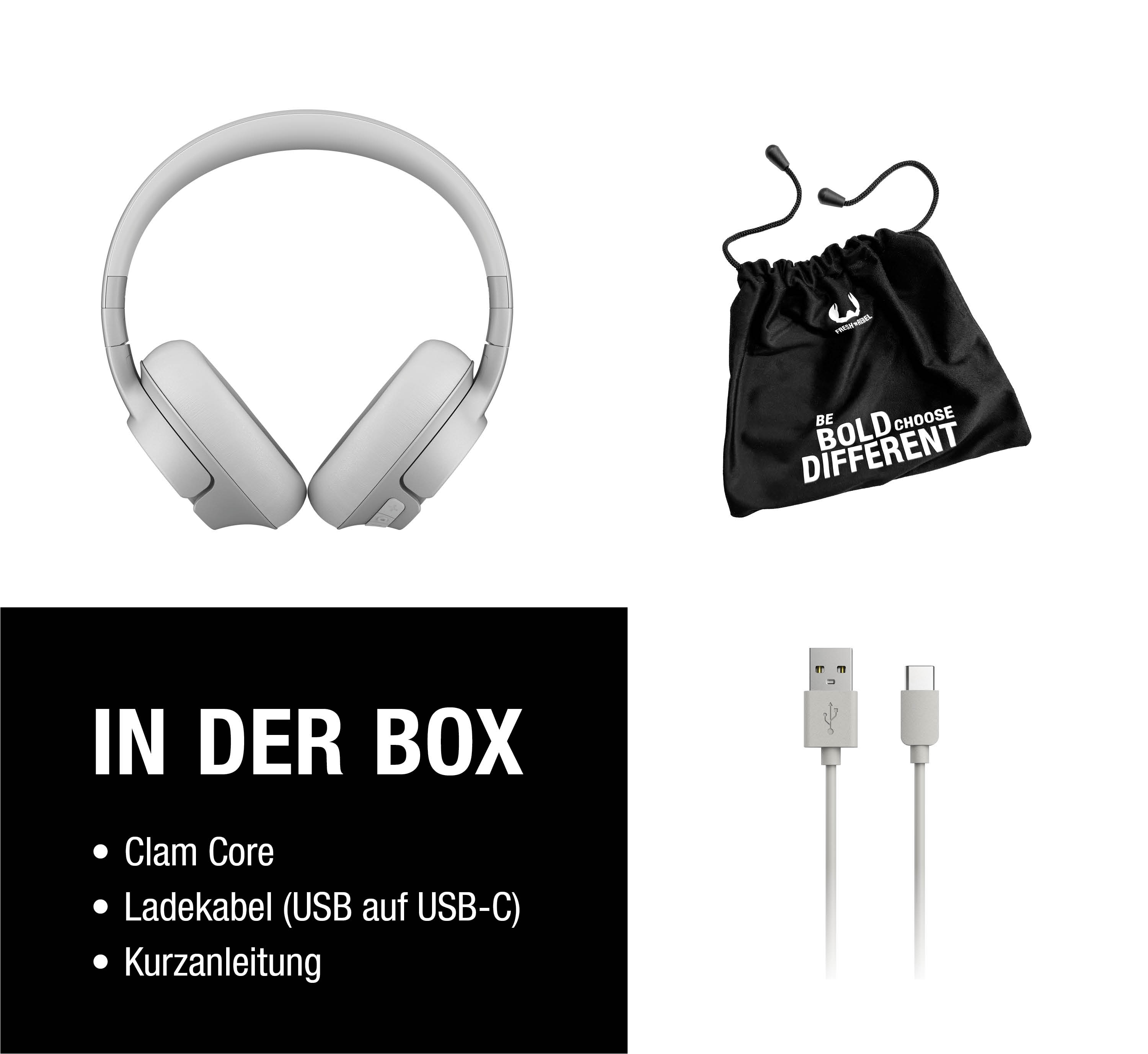 Graue Kopfhörer, schwarze Tasche mit Aufschrift, USB-Kabel und Text ‚In der Box‘.