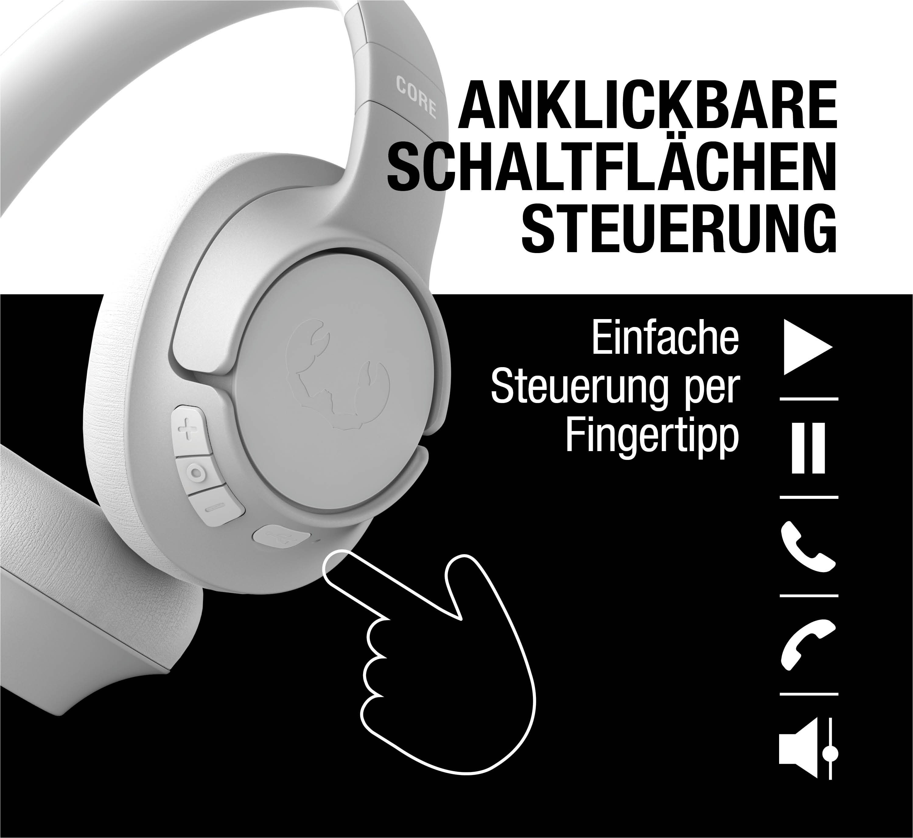 Weiße Kopfhörer mit Touch-Steuerung und Symbolen für Wiedergabe, Pause, Anruf und Lautstärke.
