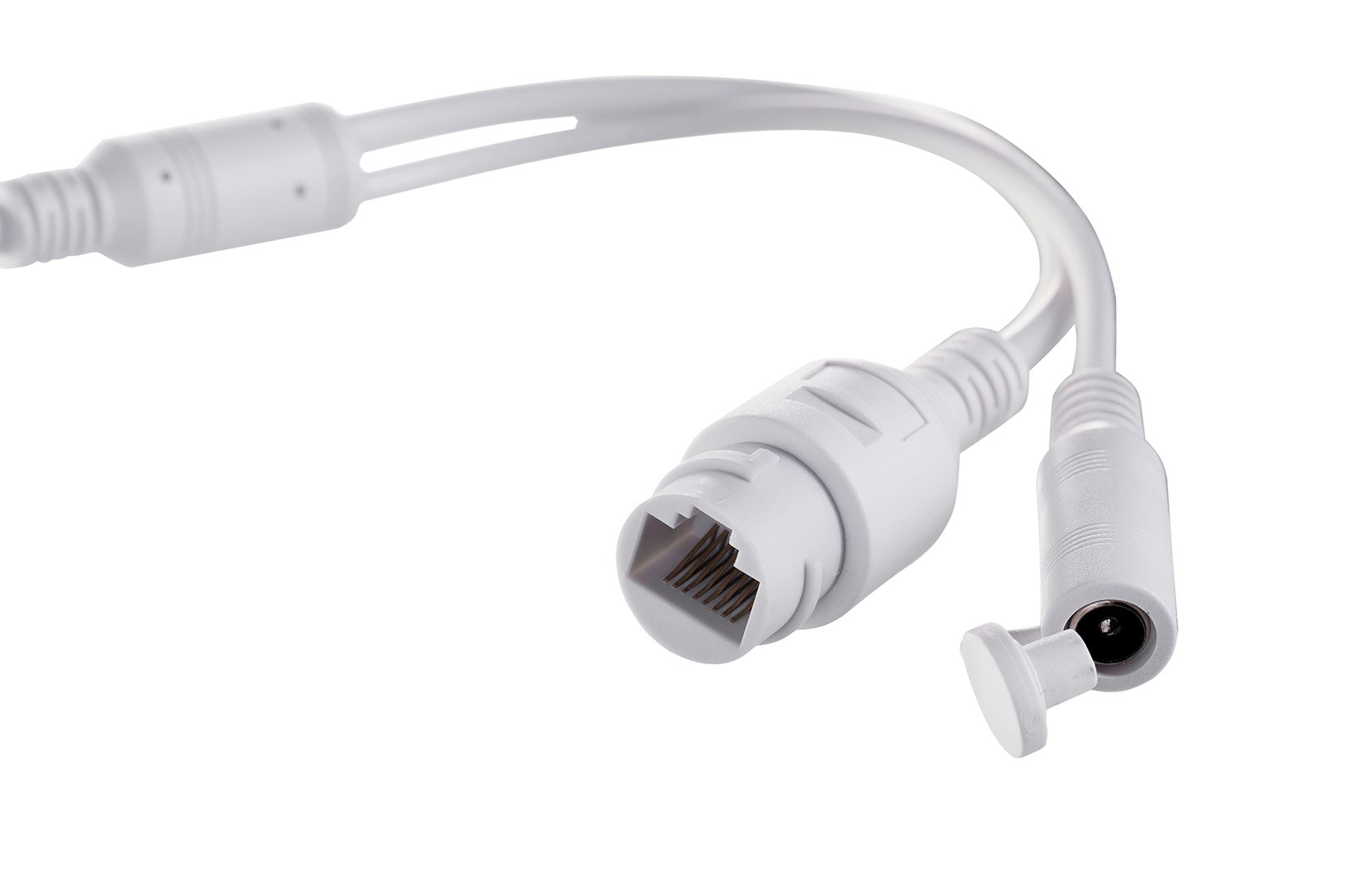 A white cable with an RJ45 connector and a DC power connector.
