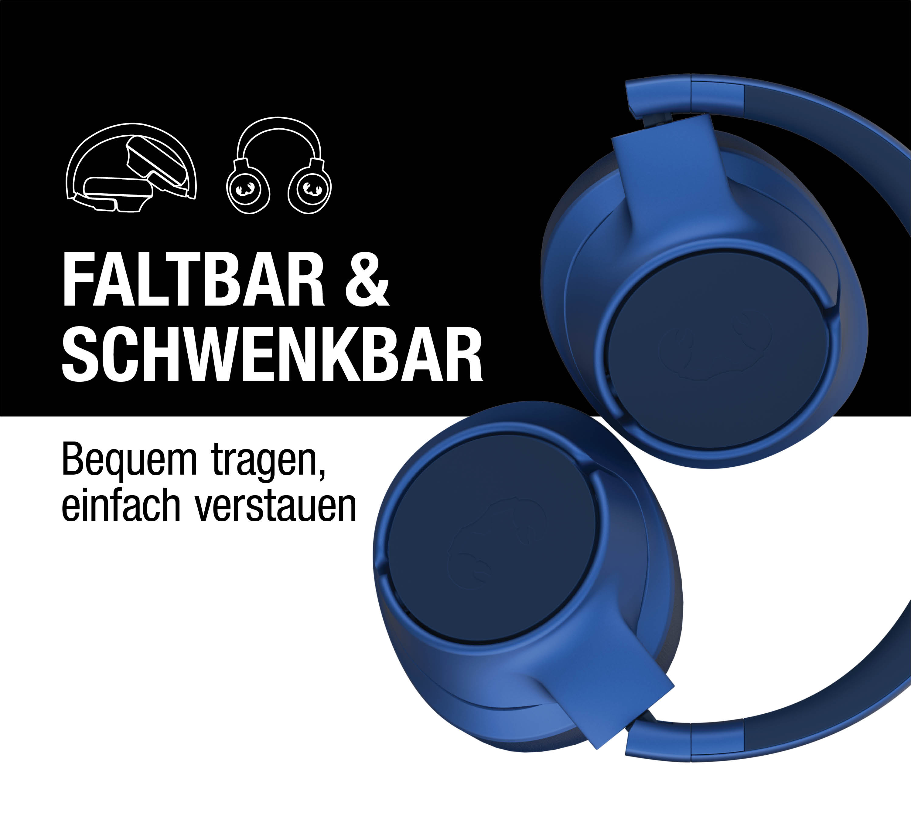 Blaue Kopfhörer mit faltbarem und schwenkbarem Design.