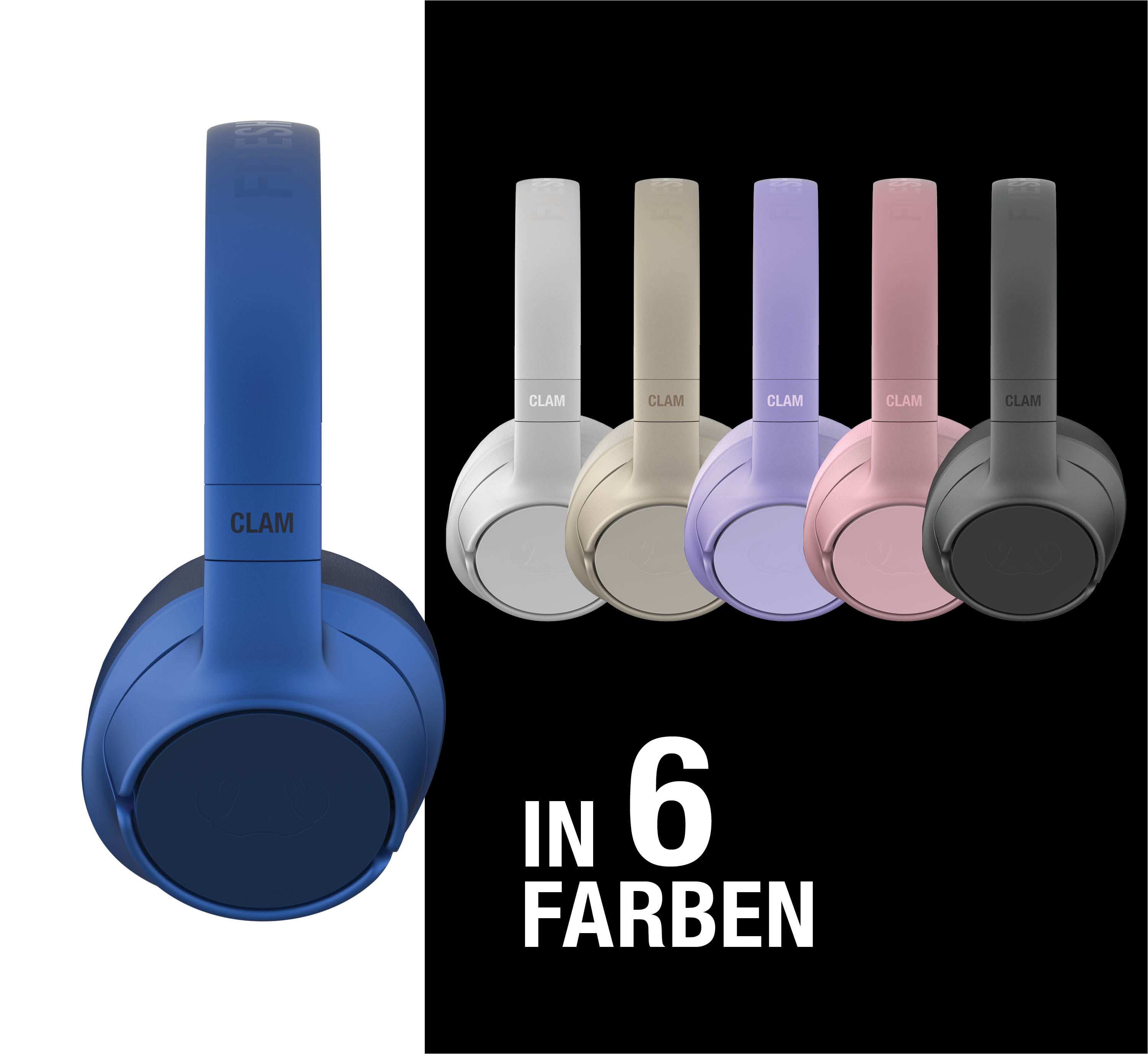 Kopfhörer in Blau, Weiß, Beige, Lila, Rosa und Grau. Text: 'IN 6 FARBEN'