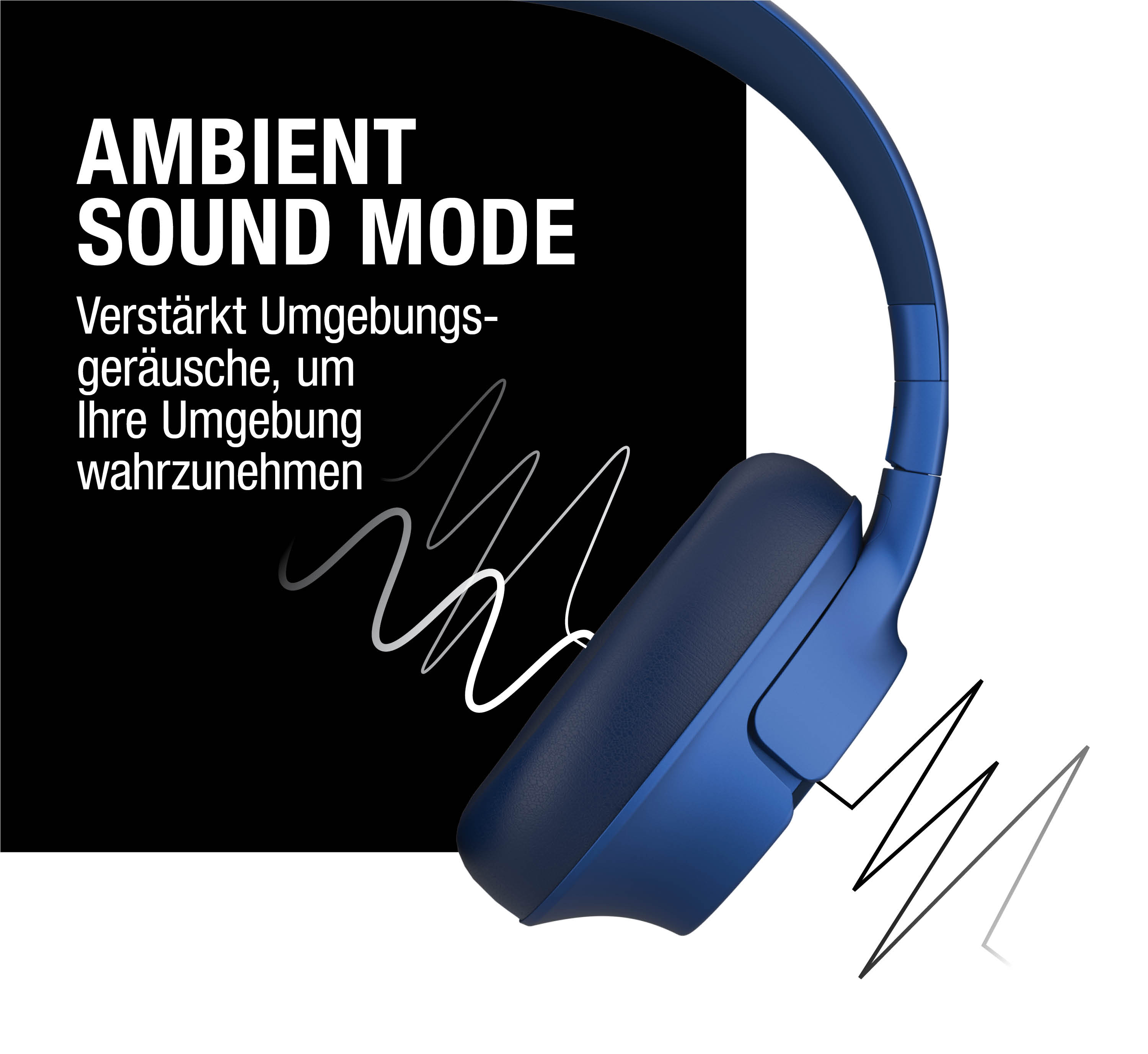 Blaue Kopfhörer mit weißem und grauem Schallwellen-Design. AMBIENT SOUND MODE.