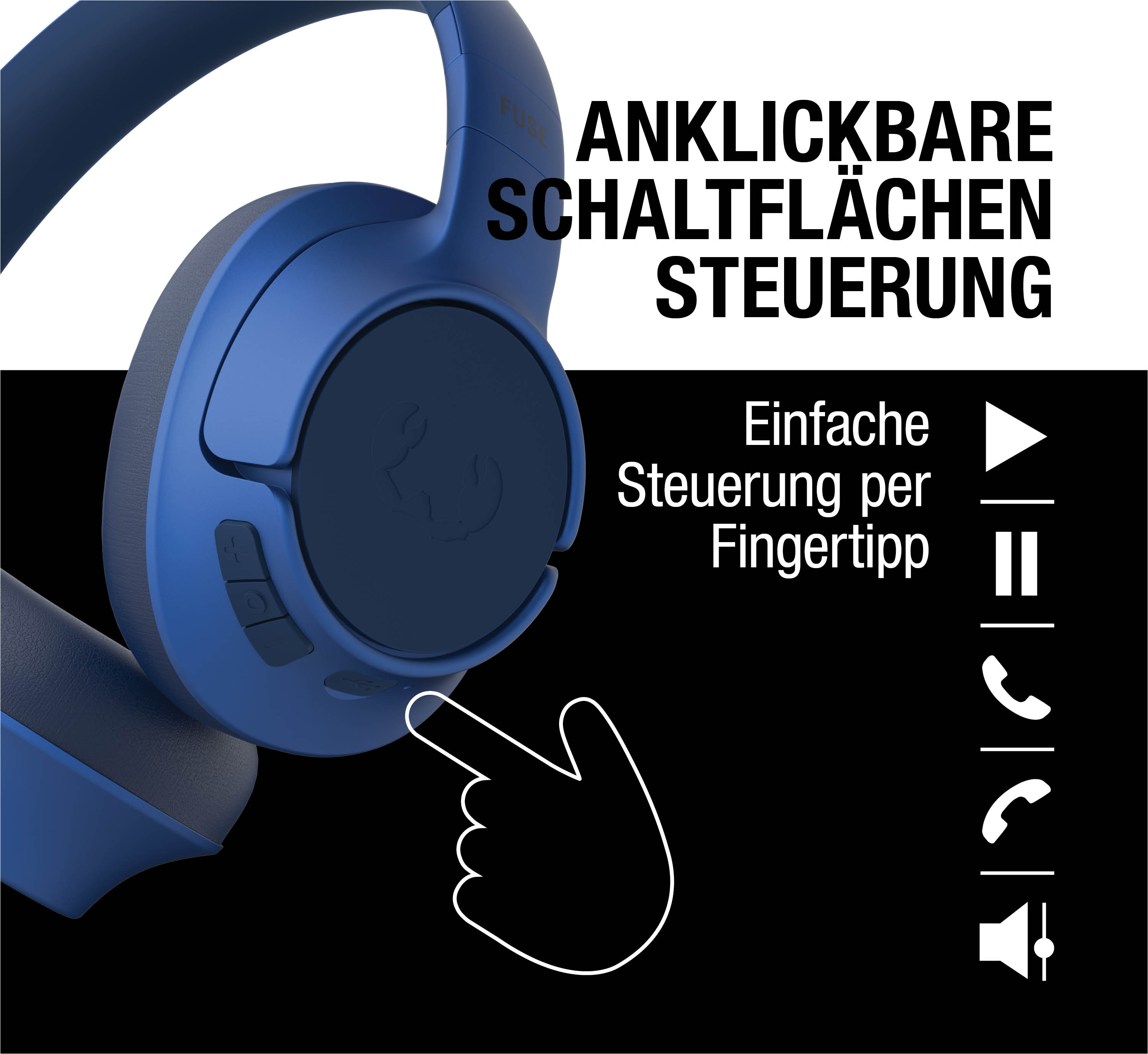 Blaue Kopfhörer mit Touch-Bedienung und Symbolen für Wiedergabe, Pause, Anruf und Lautstärke.