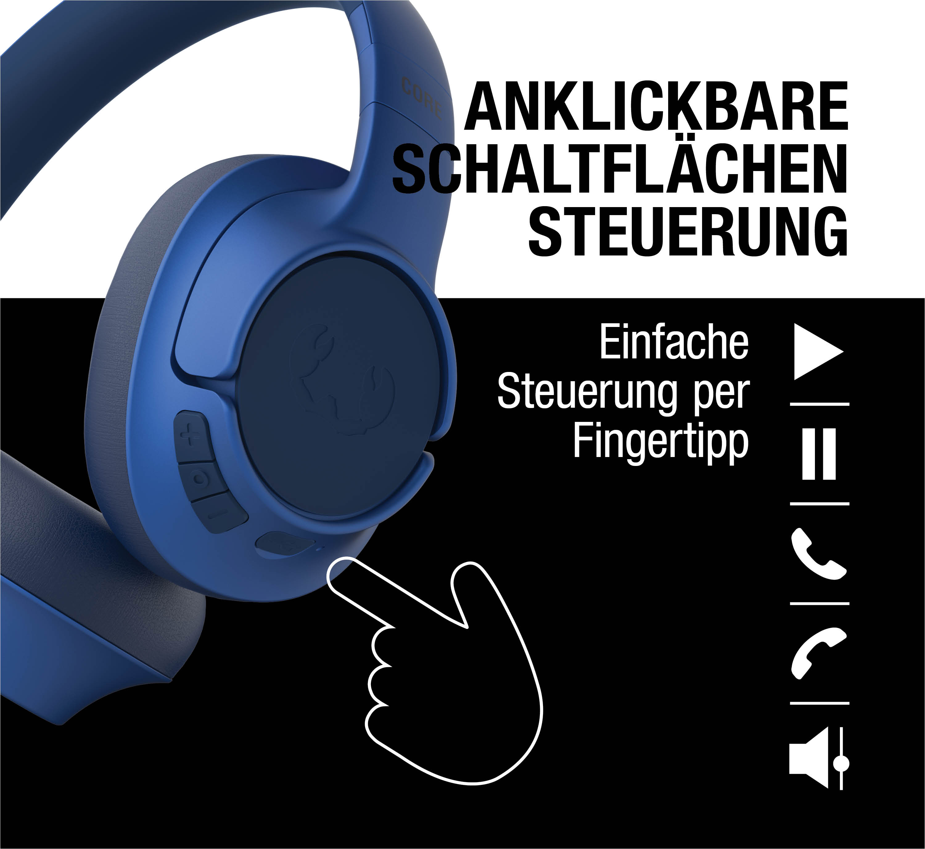 Blaue Kopfhörer mit Tippsteuerung, Play-, Pause-, Telefon- und Lautsprechersymbolen.