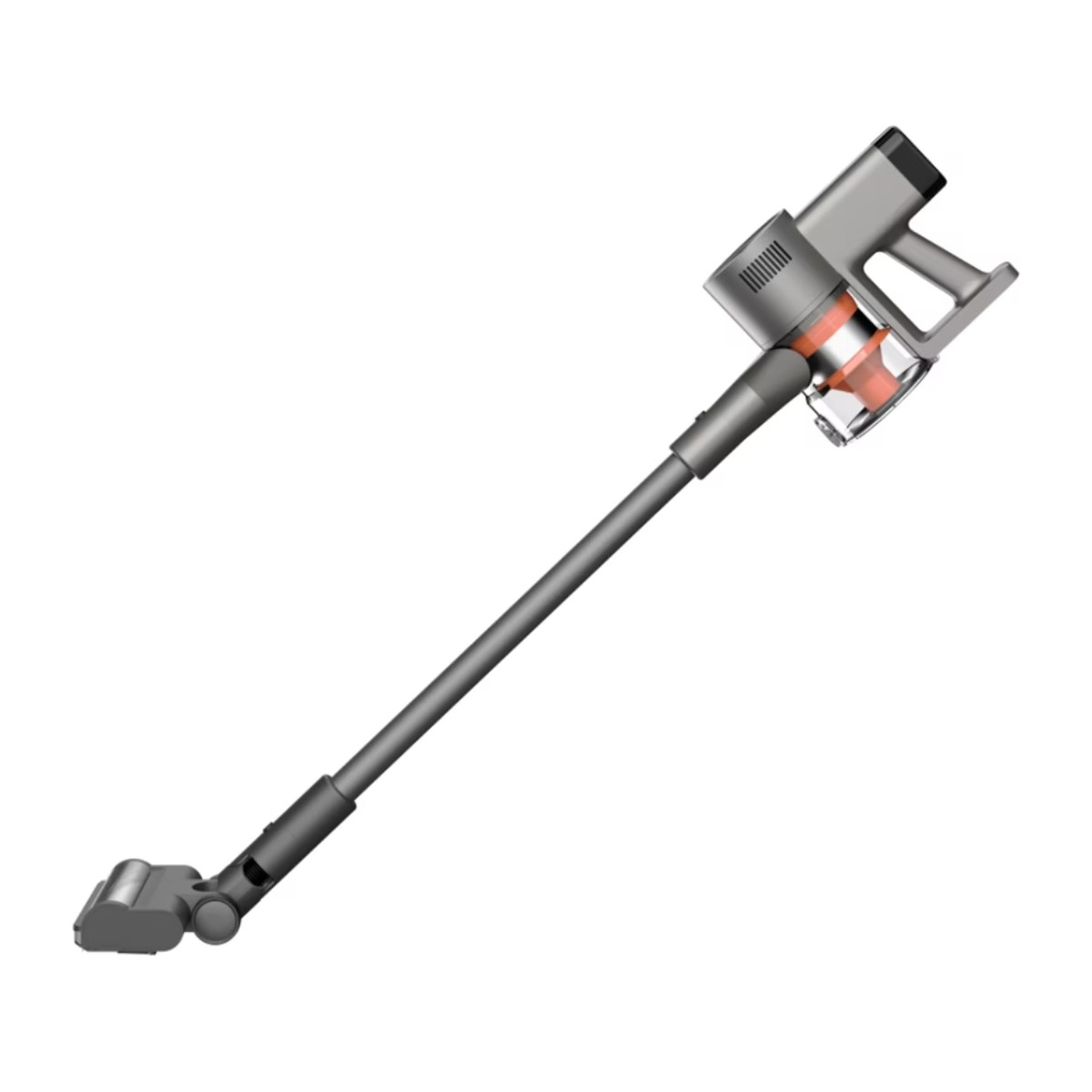 Un aspirapolvere senza fili grigio ed elegante con accenti arancioni.