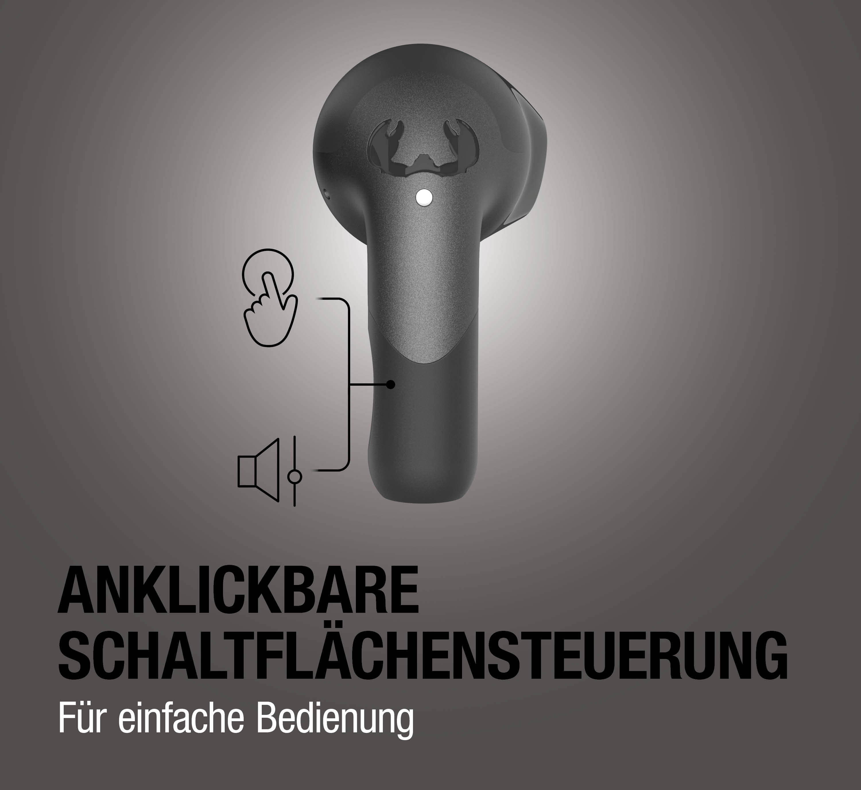 Schwarzer kabelloser Ohrhörer mit Touch-Steuerung und Lautsprechersymbolen. Text: "Anklickbare Schaltersteuerung. Für einfache Bedienung."