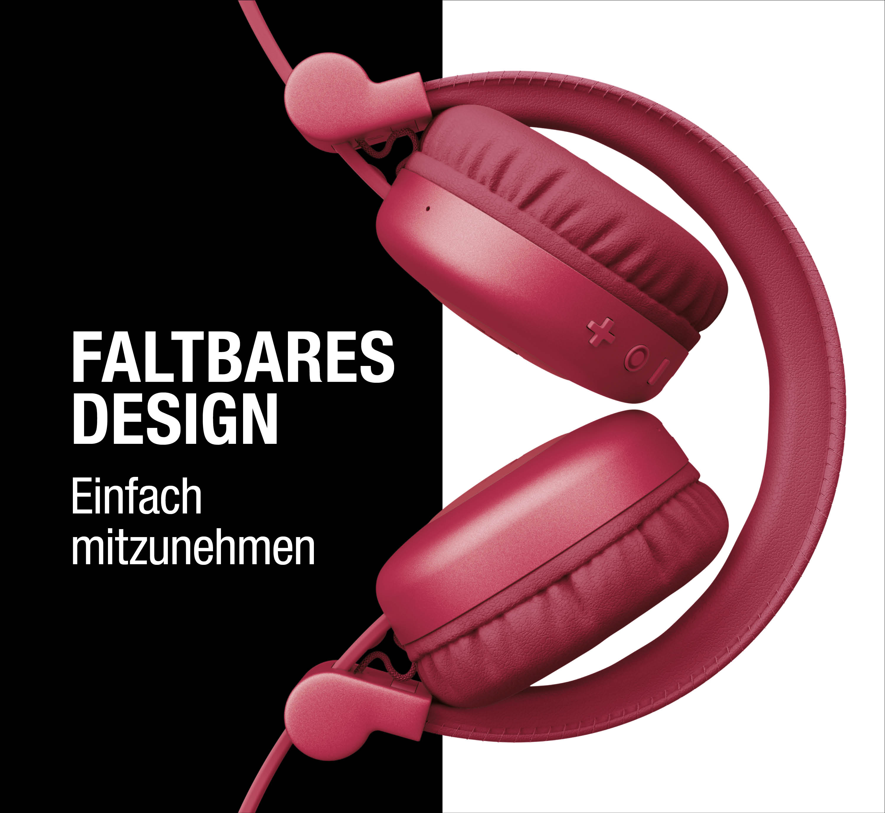 Rote faltbare Kopfhörer auf schwarzem und weißem Hintergrund.