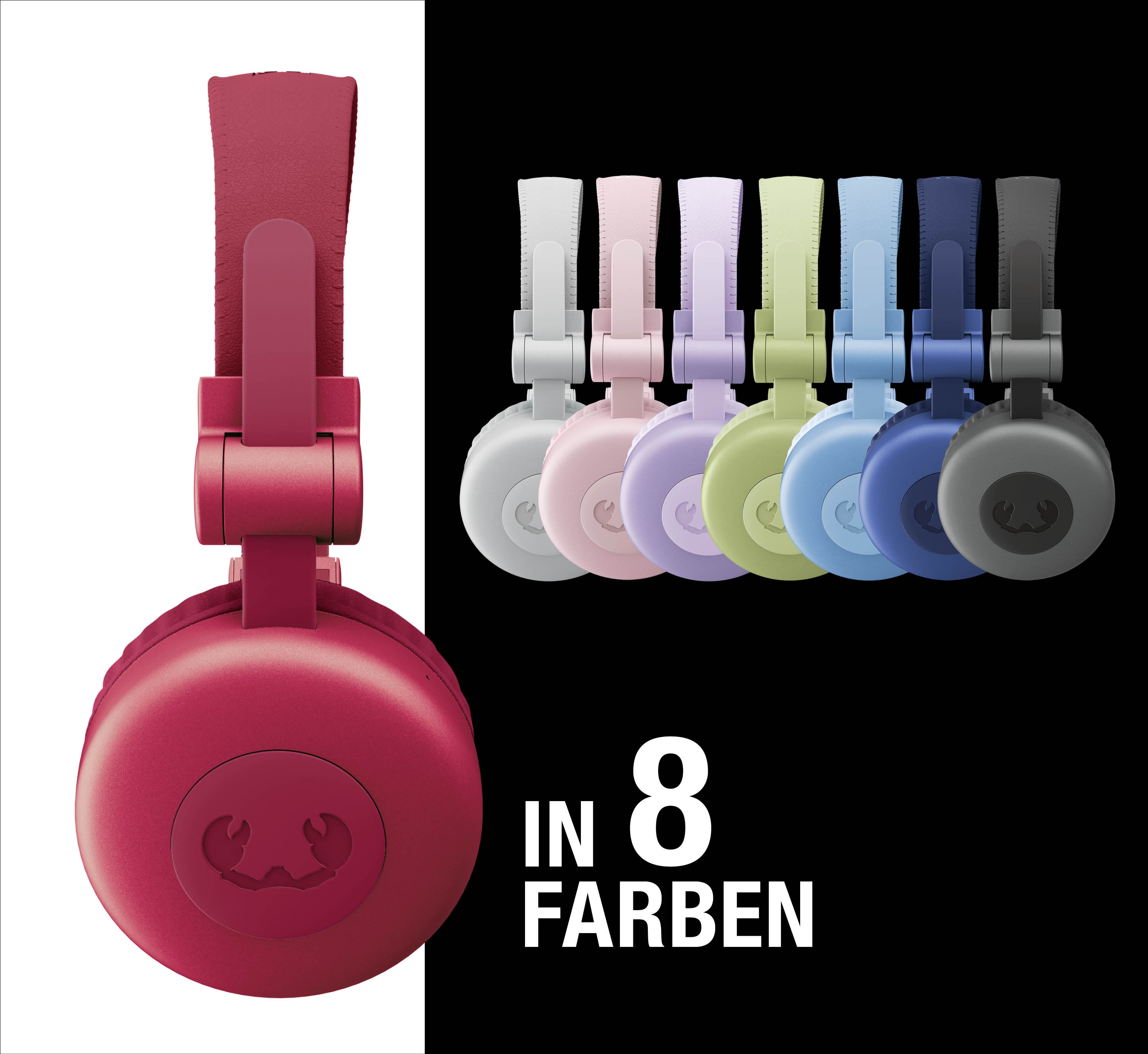 Ein roter Kopfhörer links, daneben 7 Kopfhörer in Pastellfarben.