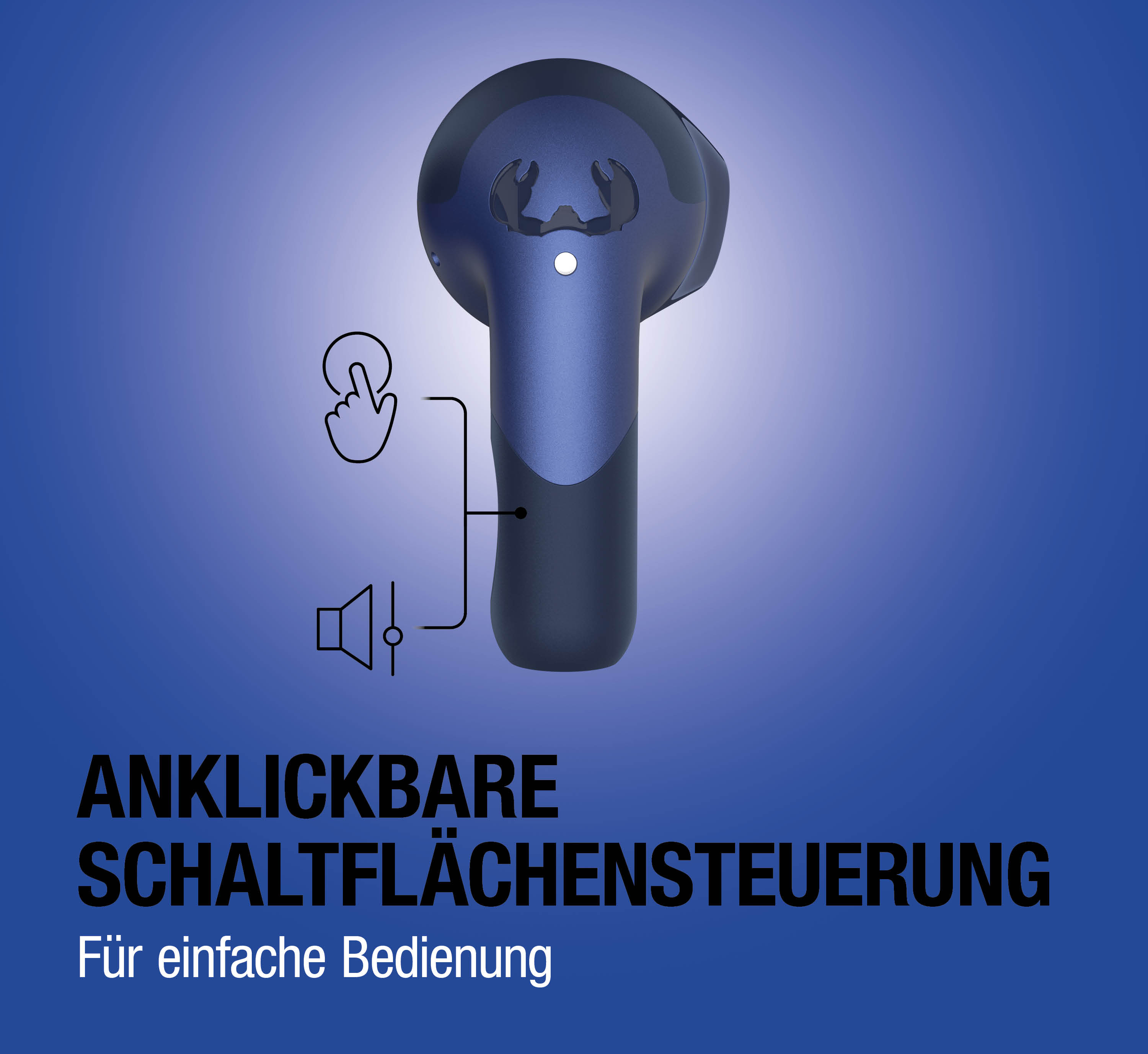 Drahtloser Kopfhörer mit Touch-Steuerung und Lautsprechersymbol.