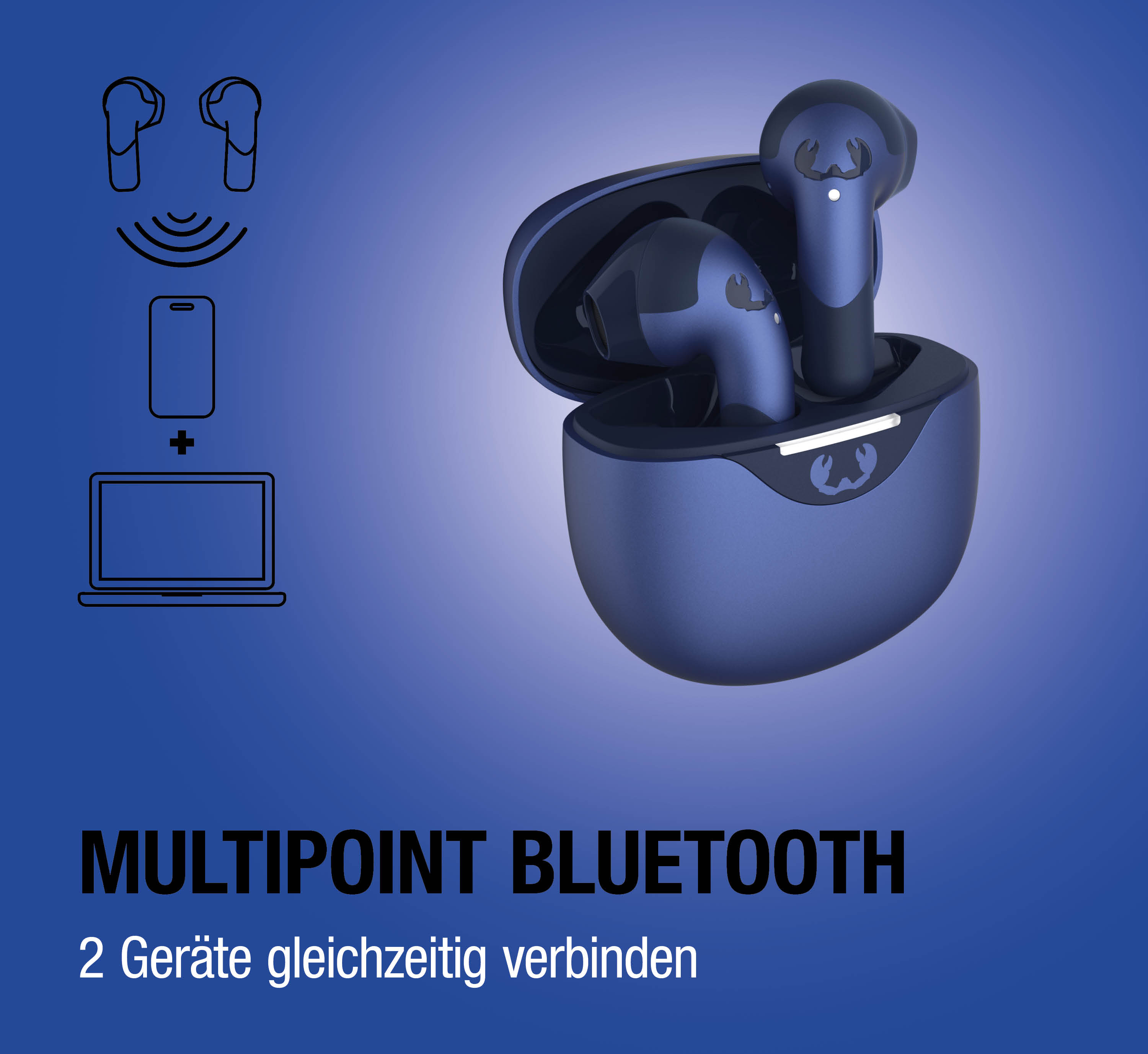 Blaue kabellose Ohrhörer im Ladecase, mit Symbolen für Multipoint-Bluetooth-Verbindung.