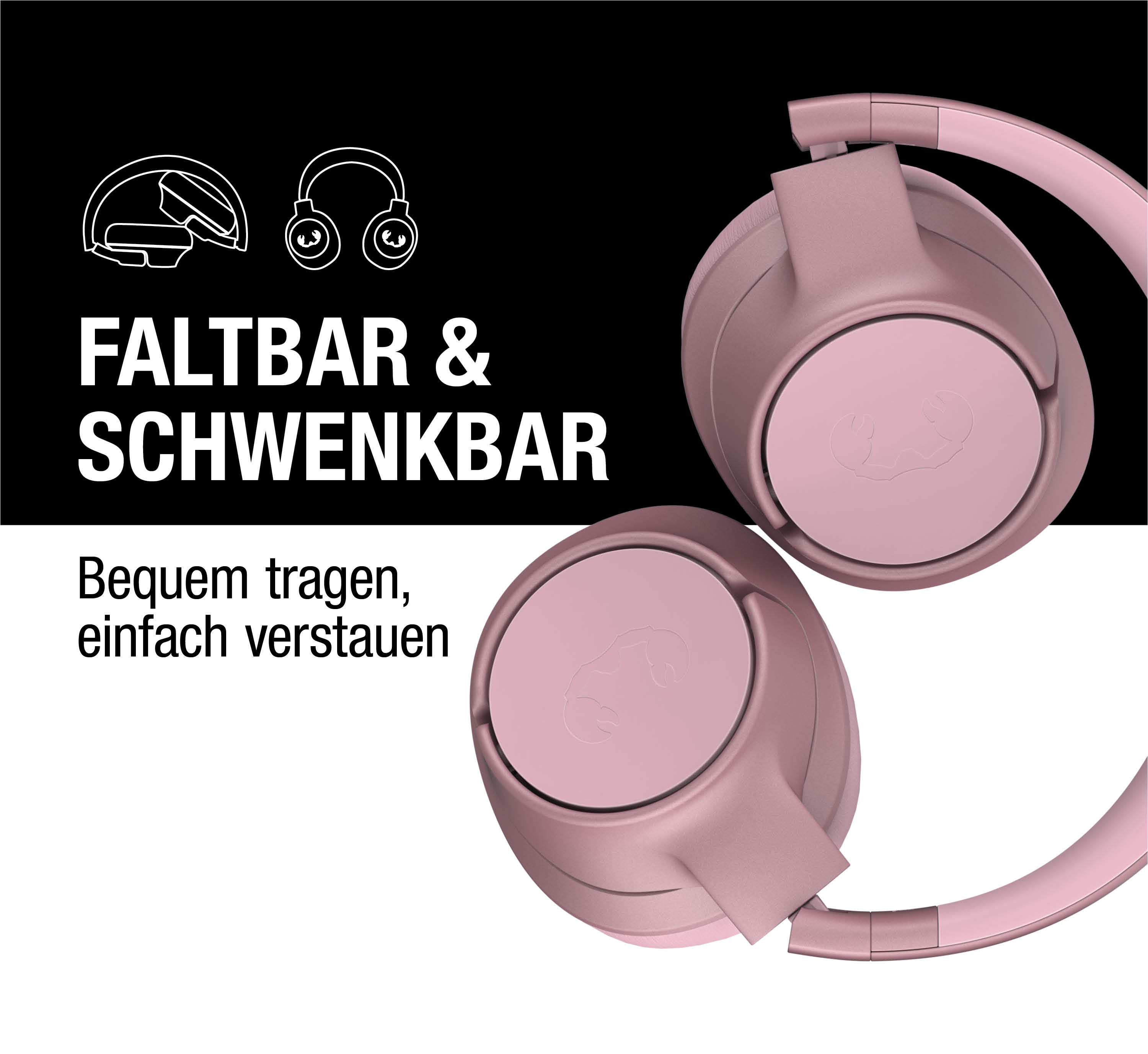 Rosa Kopfhörer mit Falt- und Schwenkfunktion. Logo auf Ohrmuscheln.