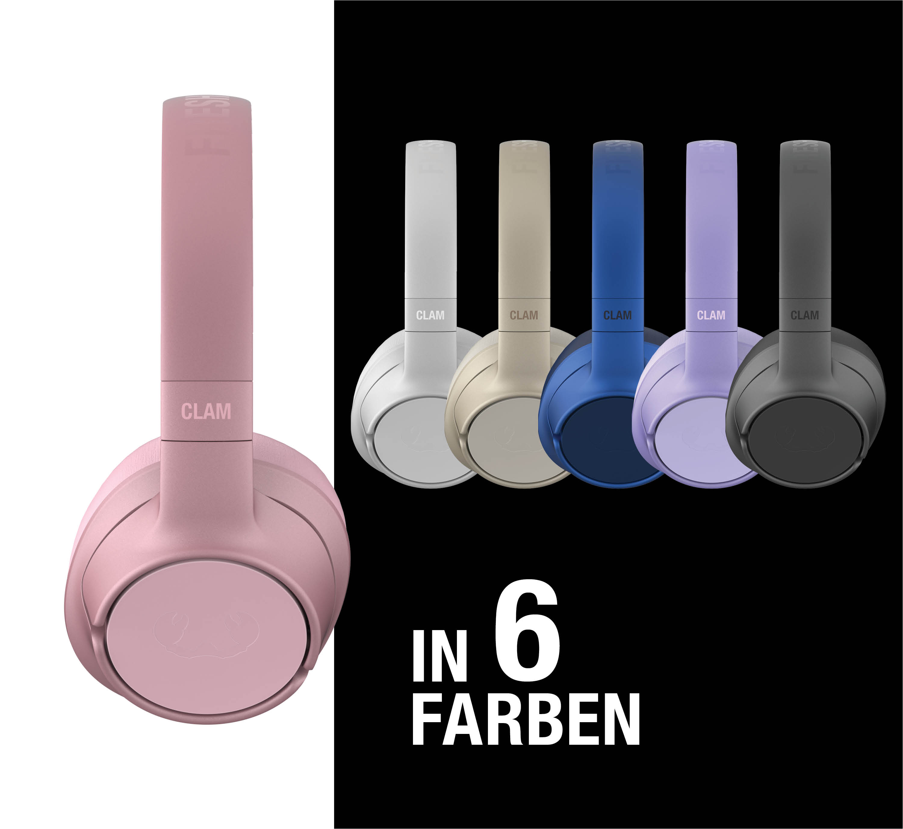 Ein rosafarbener Kopfhörer links, fünf weitere Farben rechts. Text: In 6 Farben.