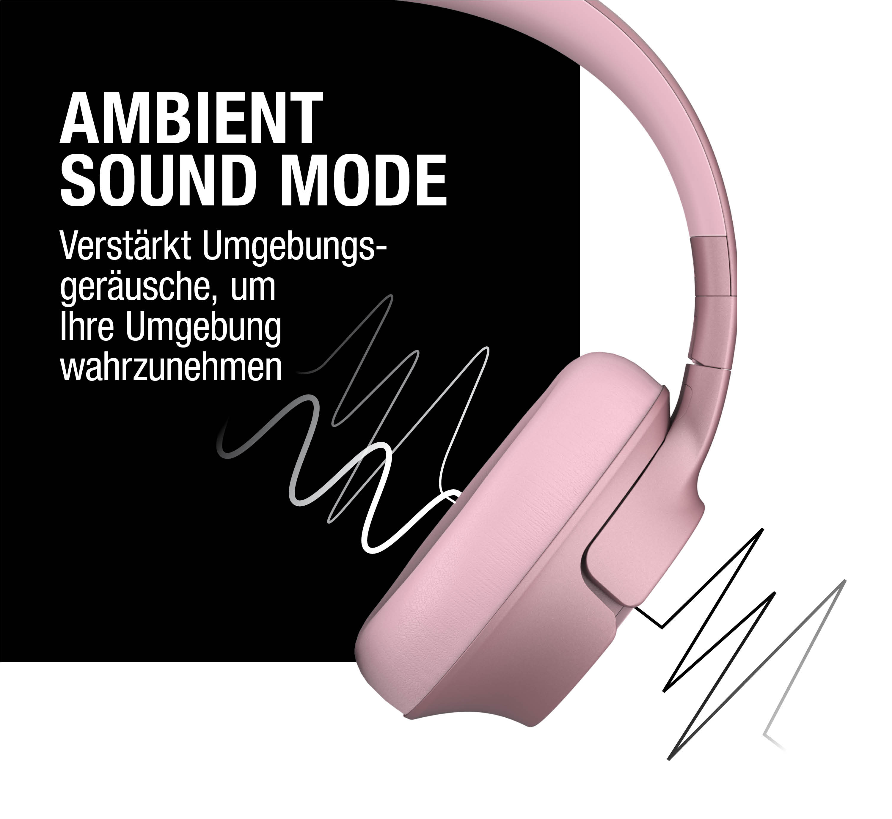 Ein rosafarbener Kopfhörer mit Text über Ambient Sound Mode.